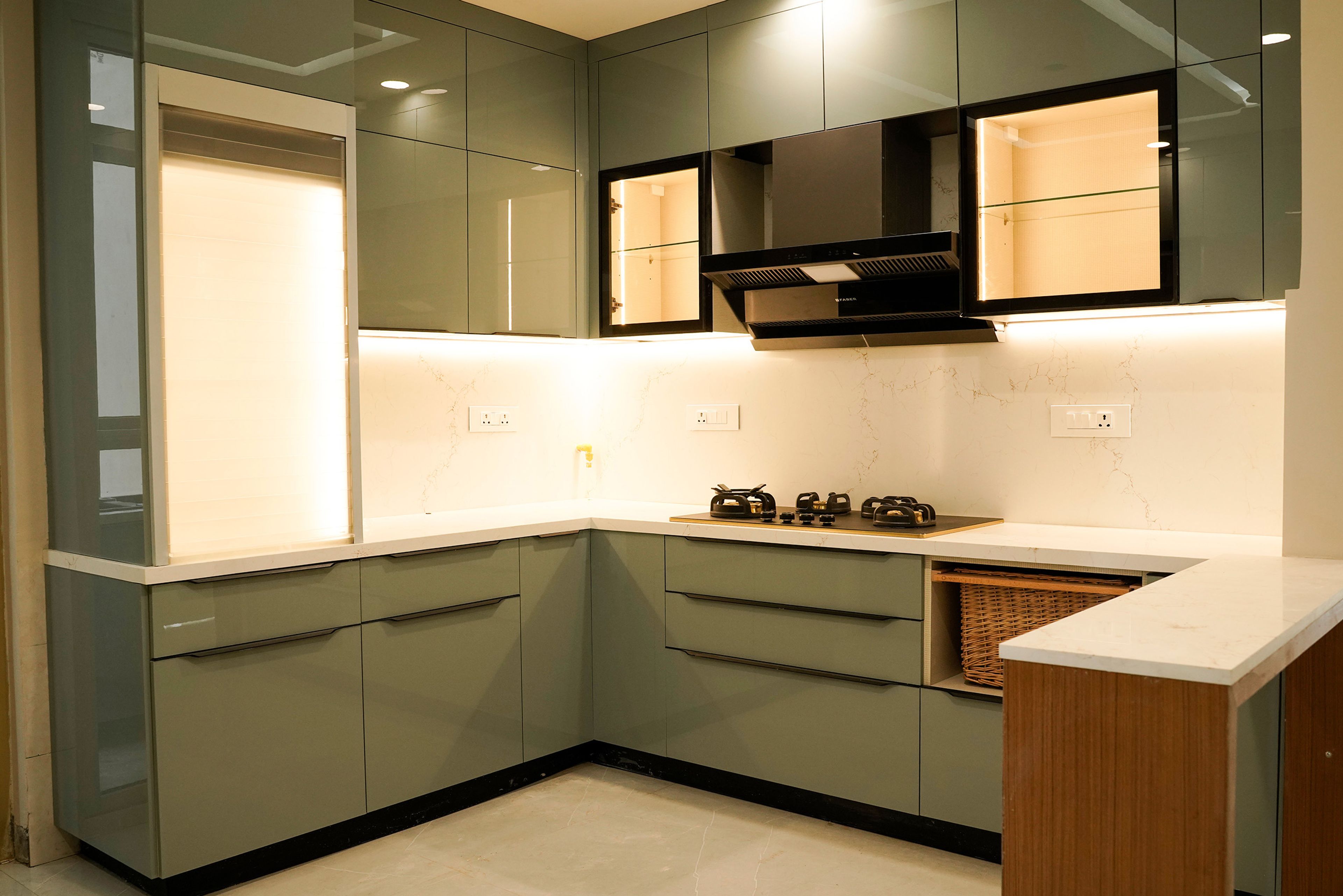 Contemporary U-Shaped Kitchen Design with Olive Green Cabinets and Quartz Countertop