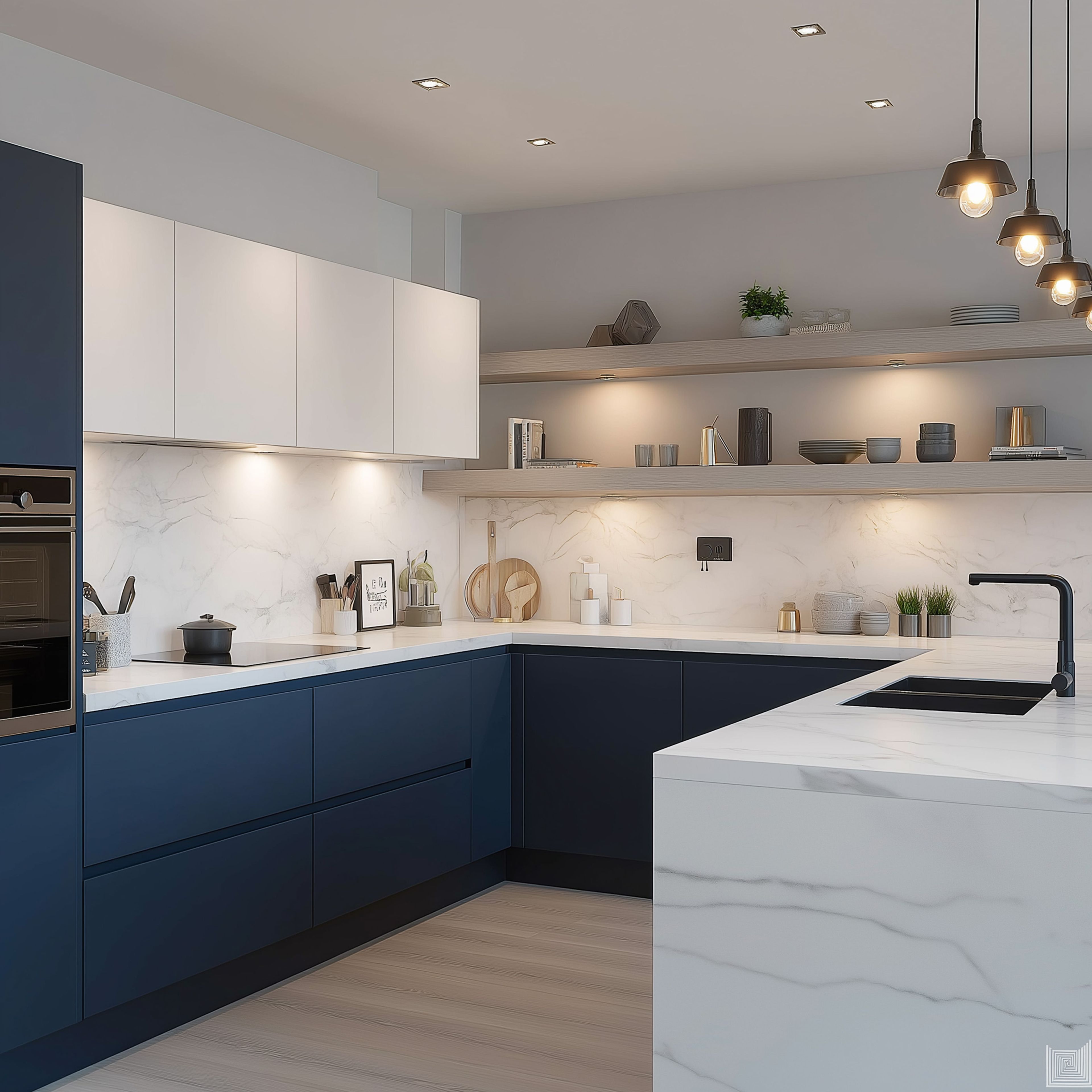 U-Shaped Contemporary Kitchen Design with Blue Cabinets and Quartz Top