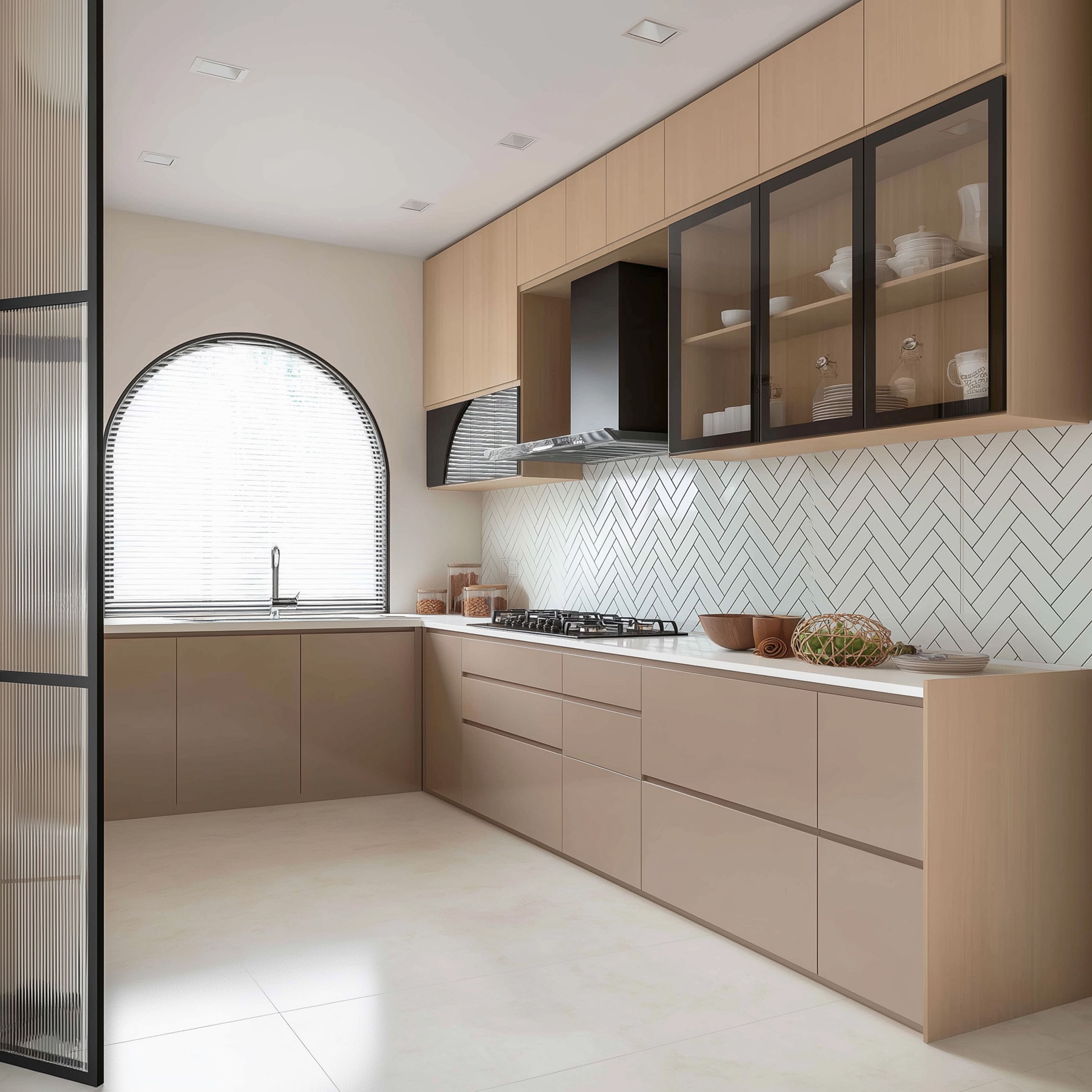 Contemporary L-Shaped Kitchen Design with Herringbone Backsplash and Deep Drawers
