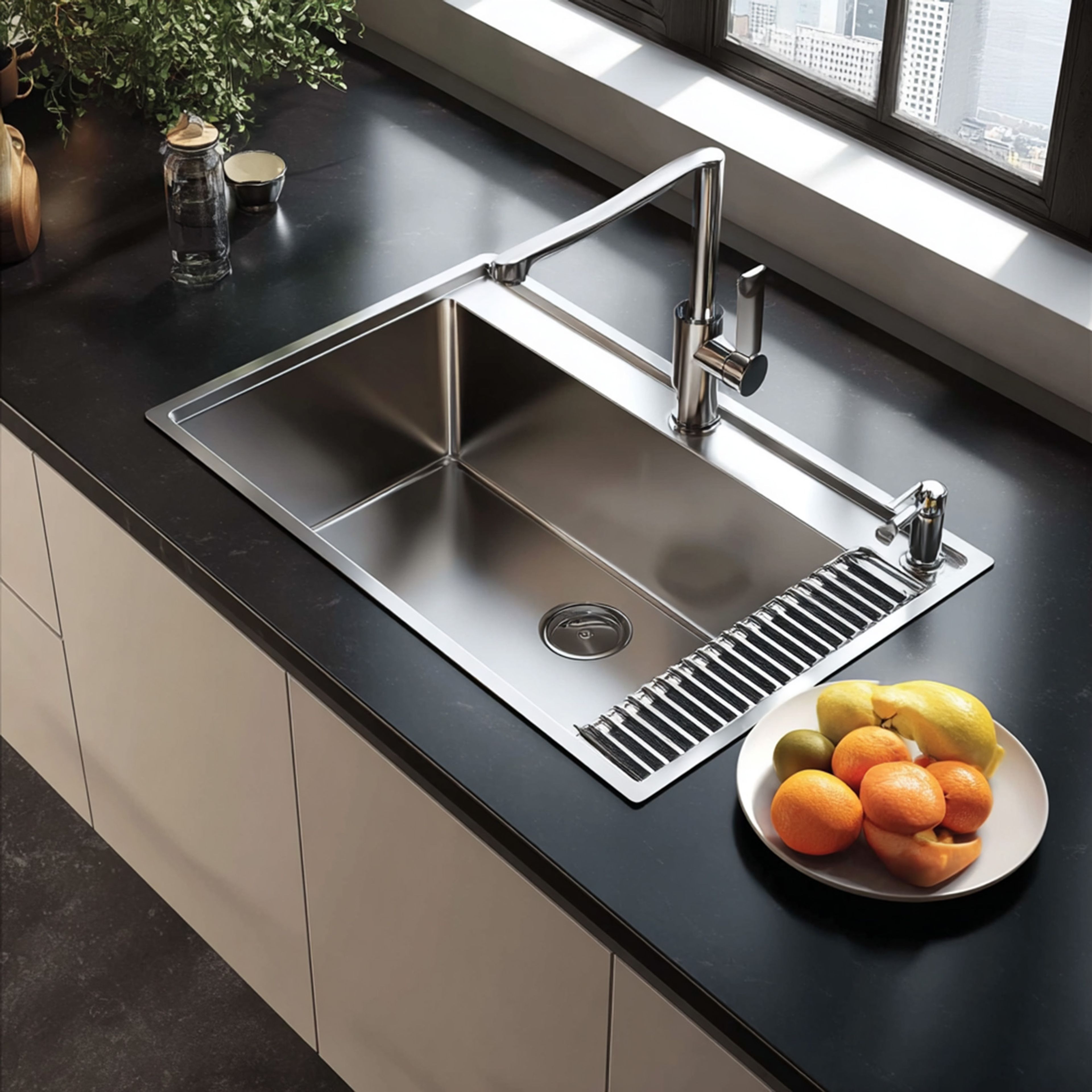 Top Mount Stainless Steel Kitchen Sink Design with Single Bowl with Small Integrated Drainboard
