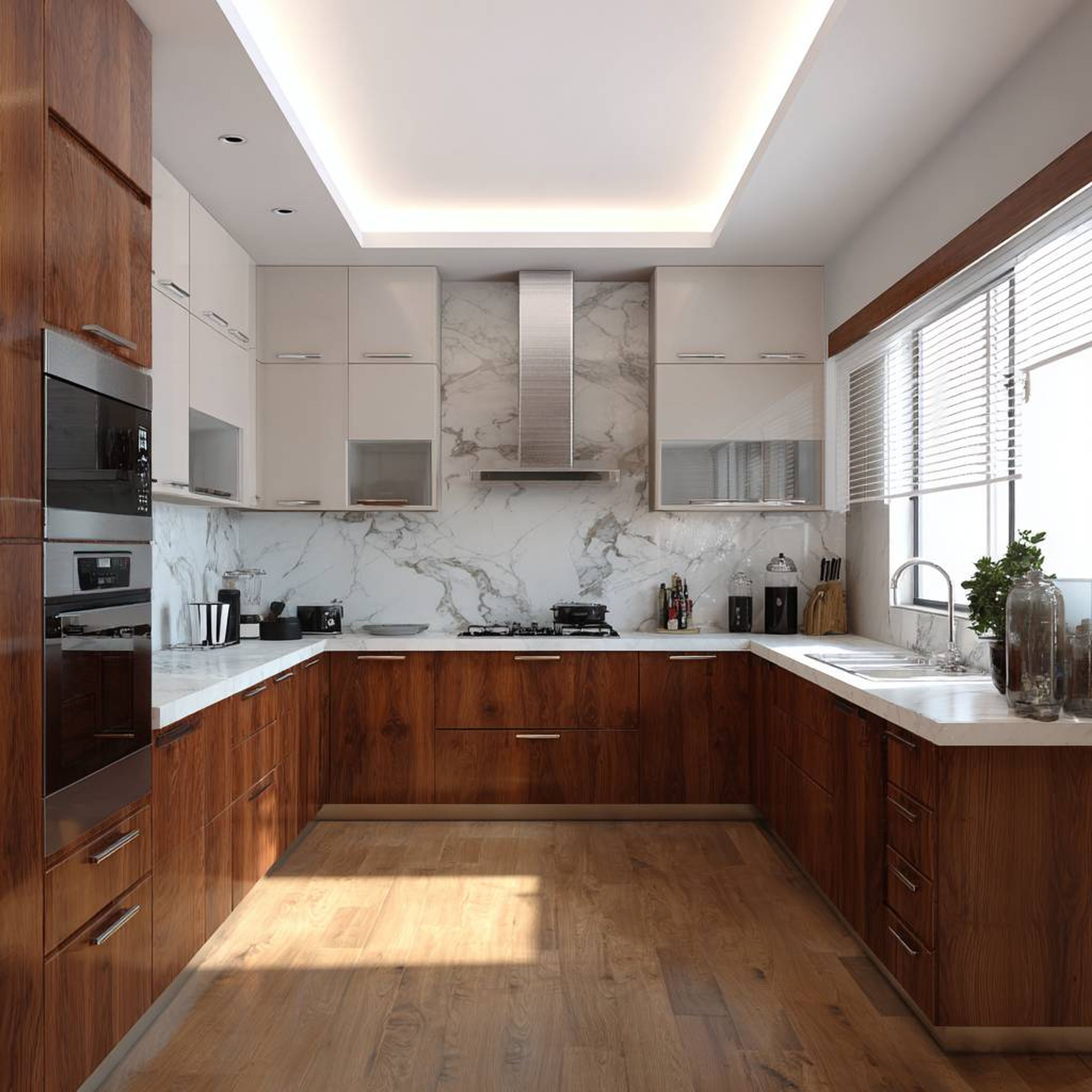 U-Shaped Contemporary Kitchen Design with LED Lights and Quartz Countertops
