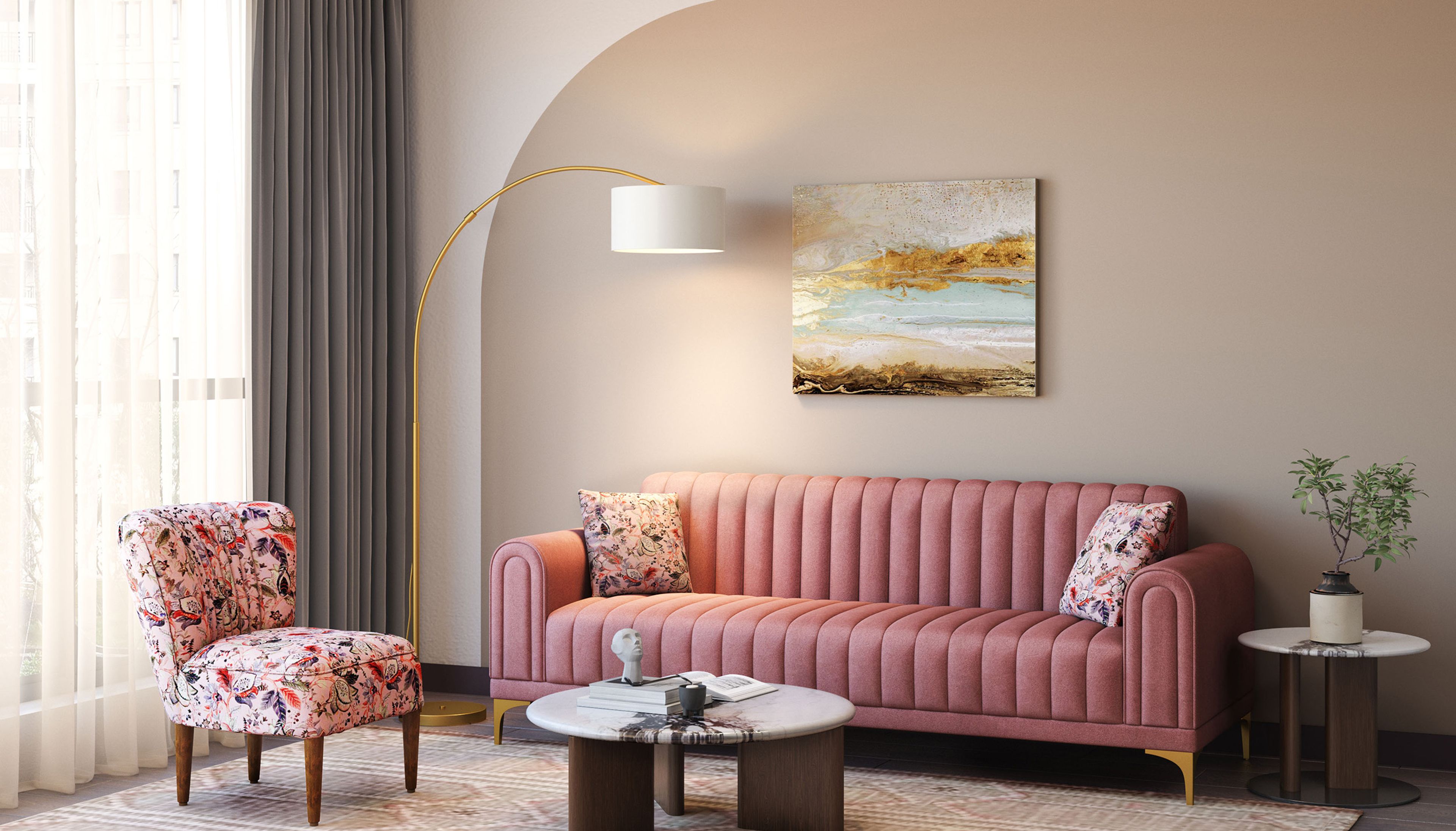 Modern Blush Pink Living Room Design With Marble Table and Tufted Sofa