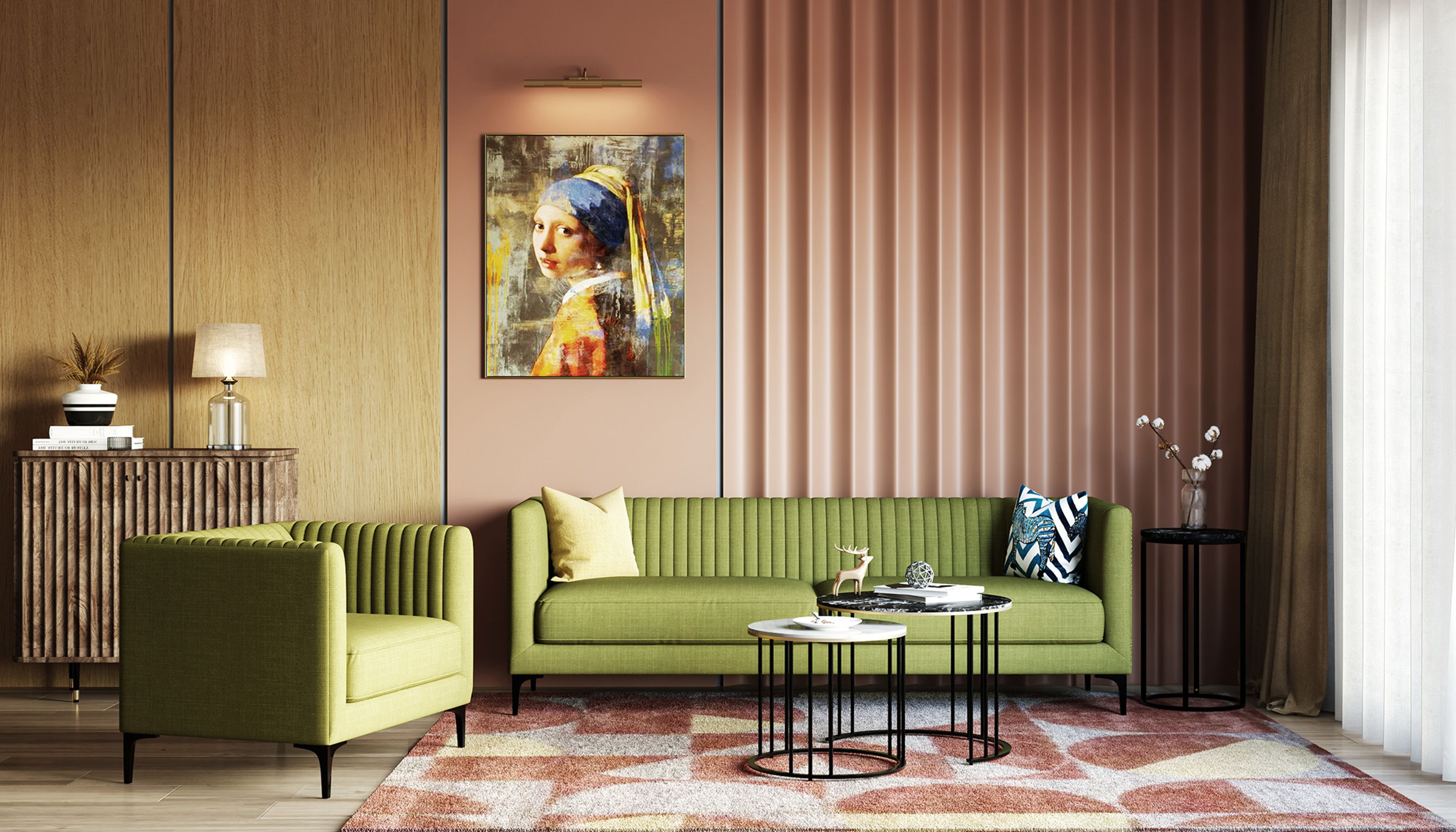 Contemporary Living Room Design with Olive Sofa and Wooden Console