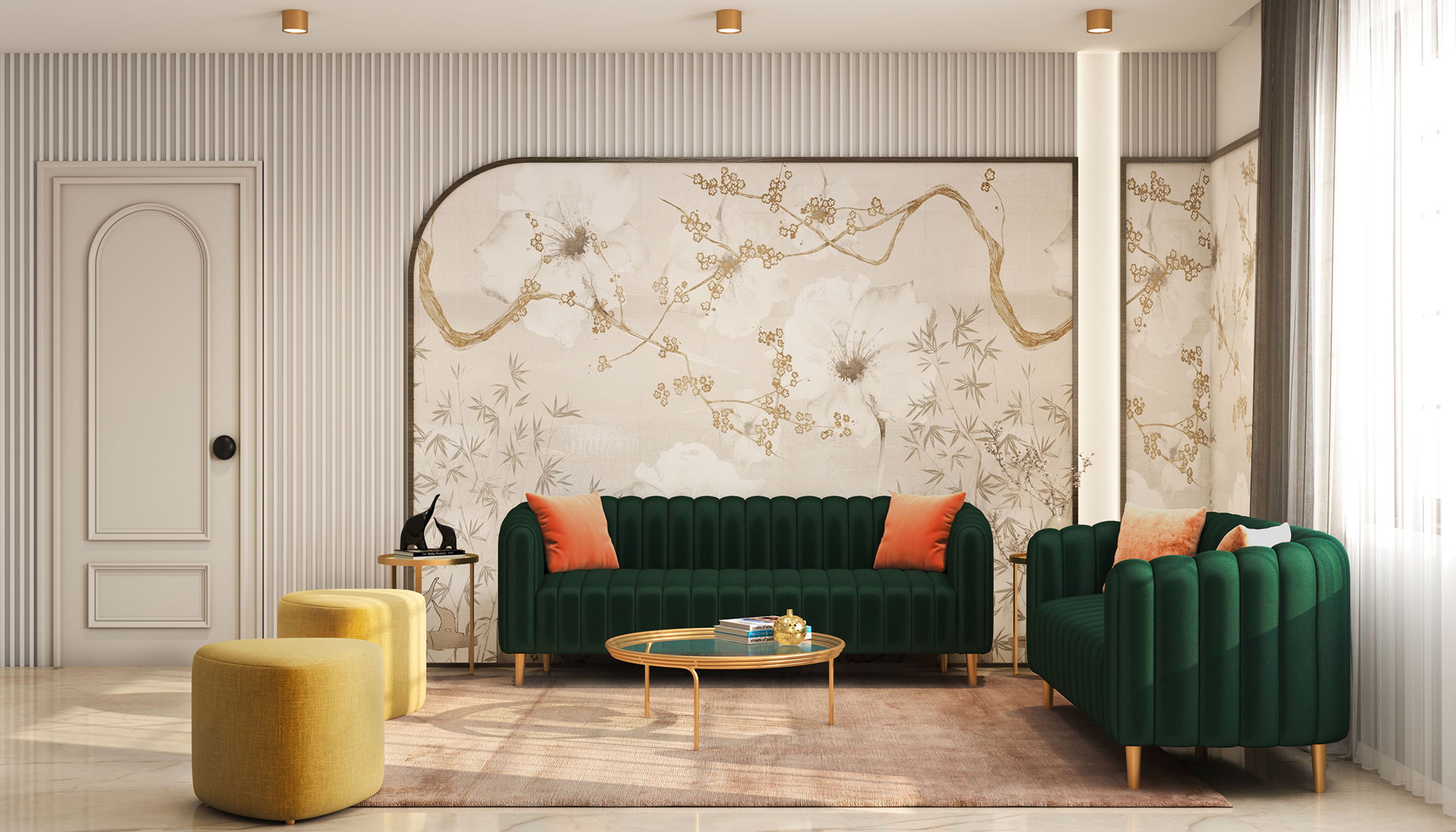 Living Room Design with Dark Green Velvet Sofas and Ottomans