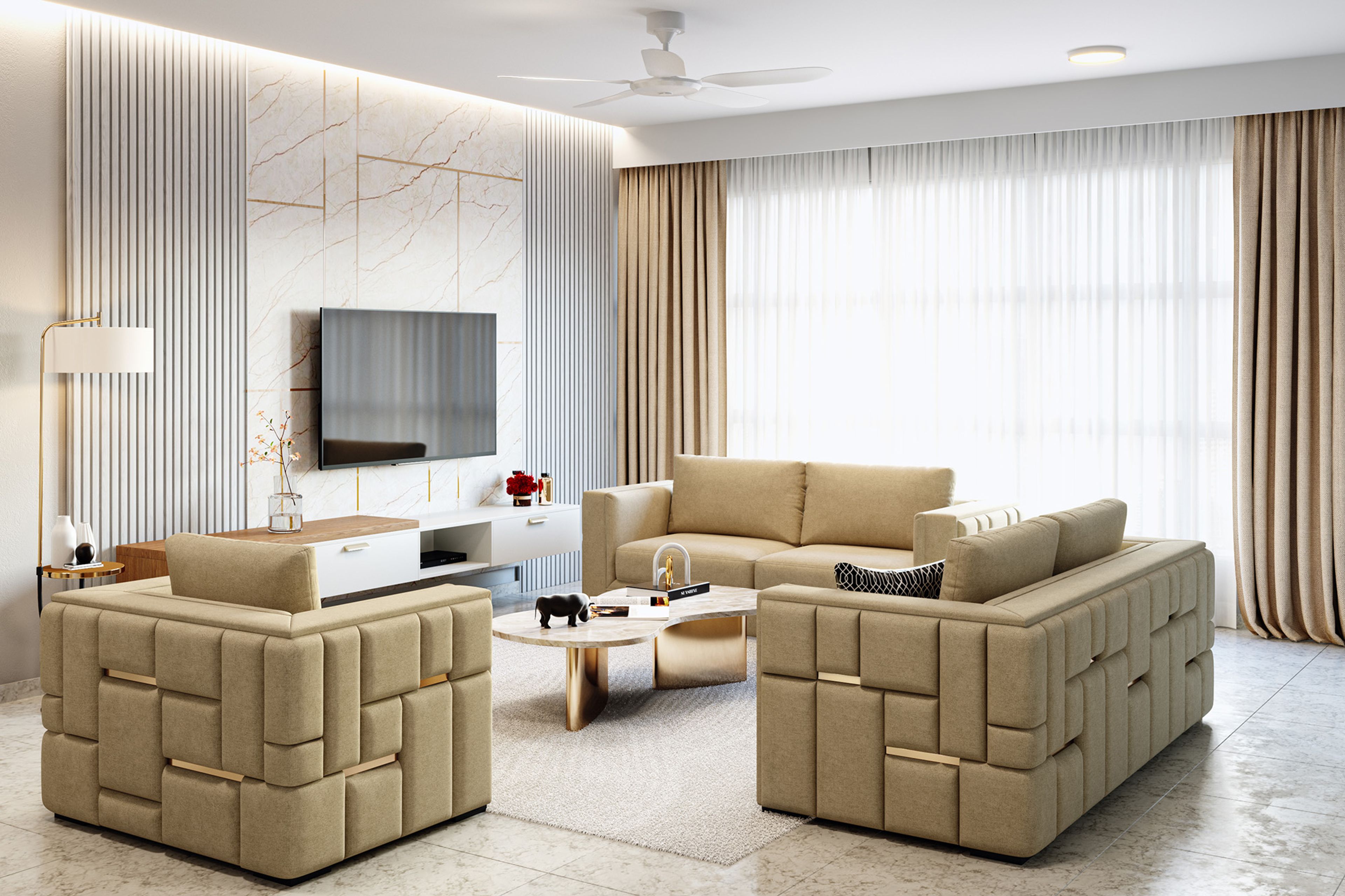 Contemporary Living Room Design With Modular Sofa and TV Wall