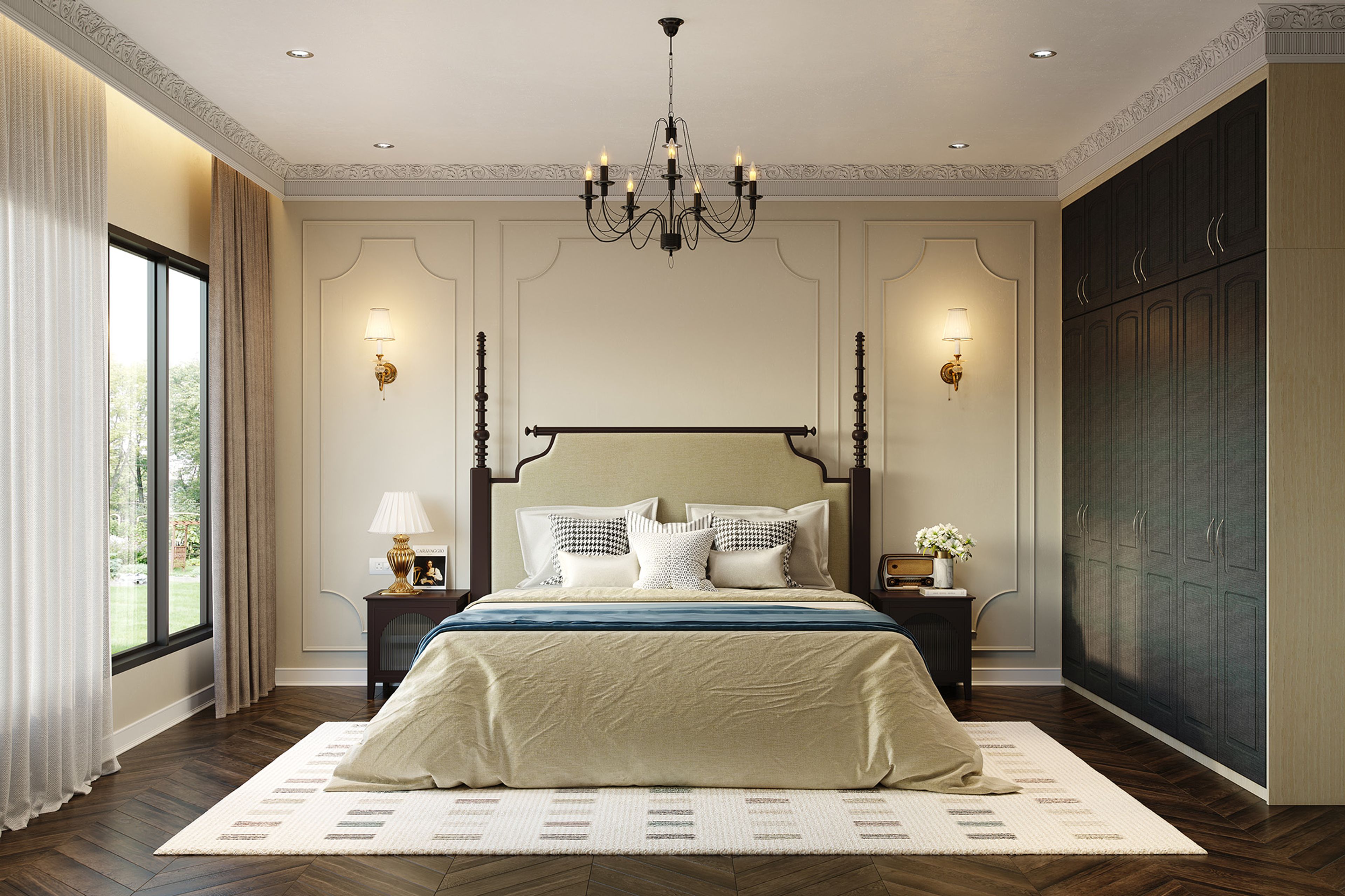 Classic Master Bedroom Design With Four-Poster Bed And Crown Moulding