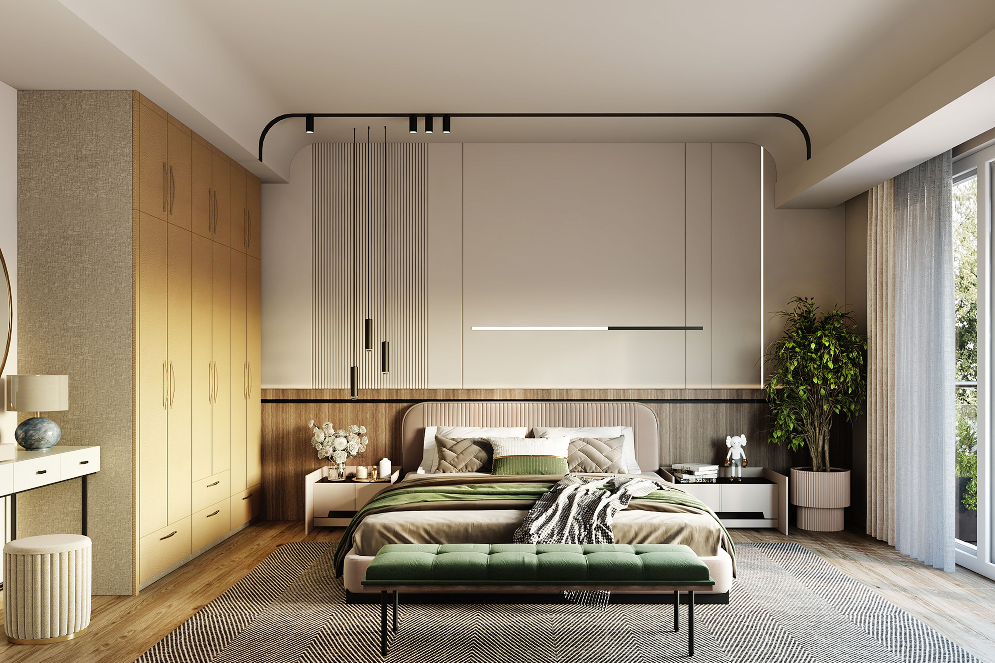 Modern Master Bedroom Design With Ribbed Headboard Bed and Vanity Unit