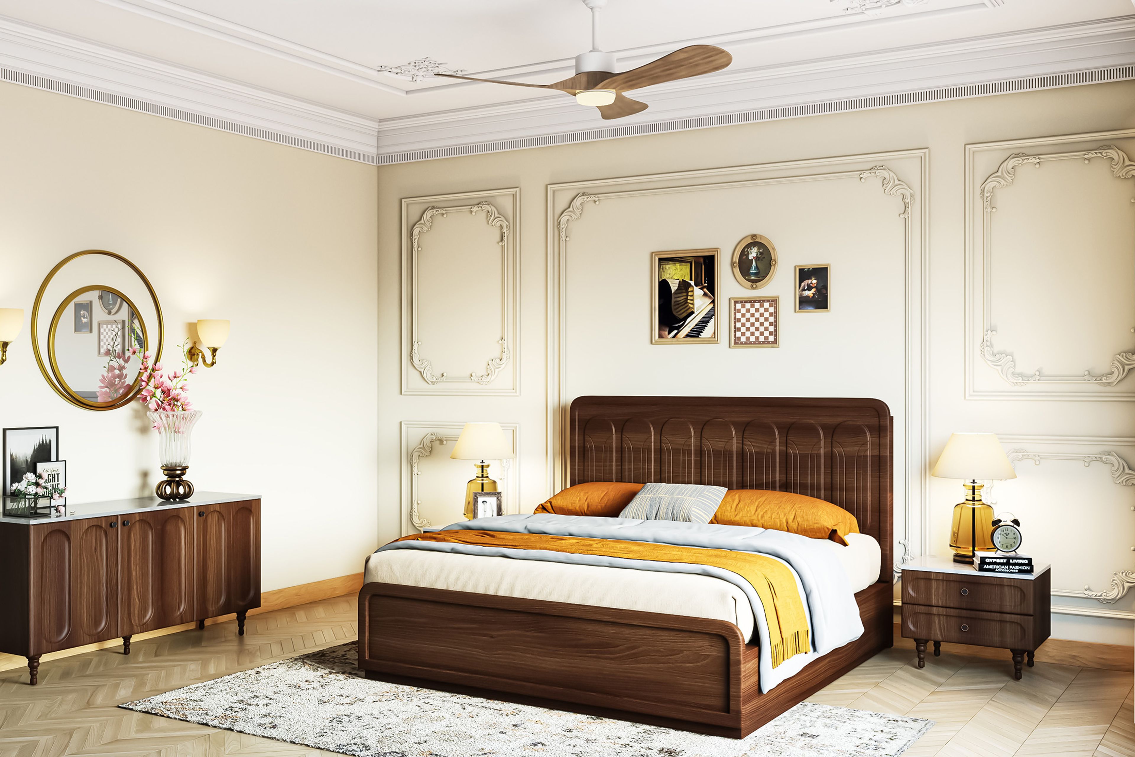 Master Bedroom Design with Wooden Bed and Paneled Feature Wall