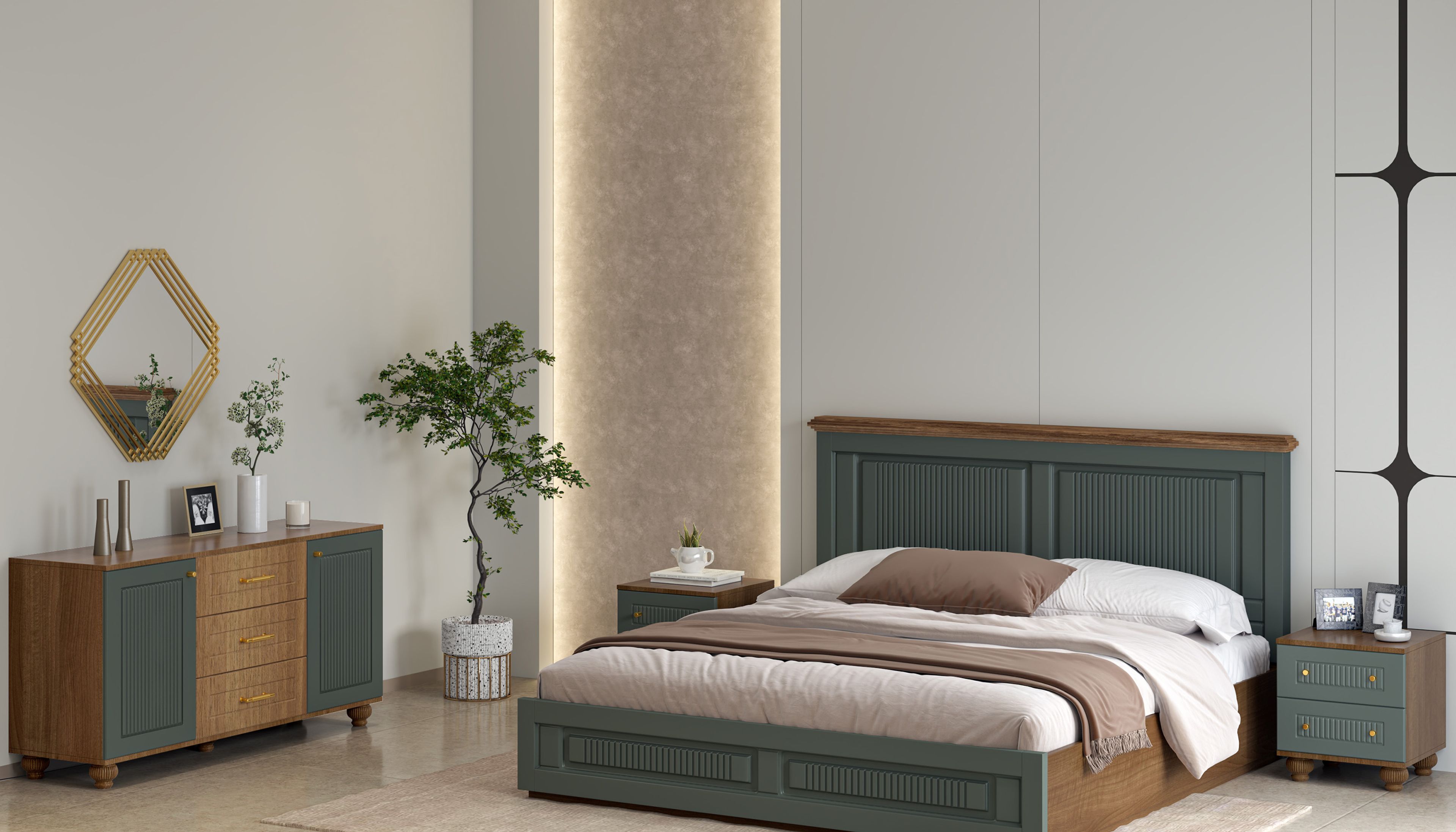 Master Bedroom Design with Dual-Tone Wooden Bed and Panel Wall