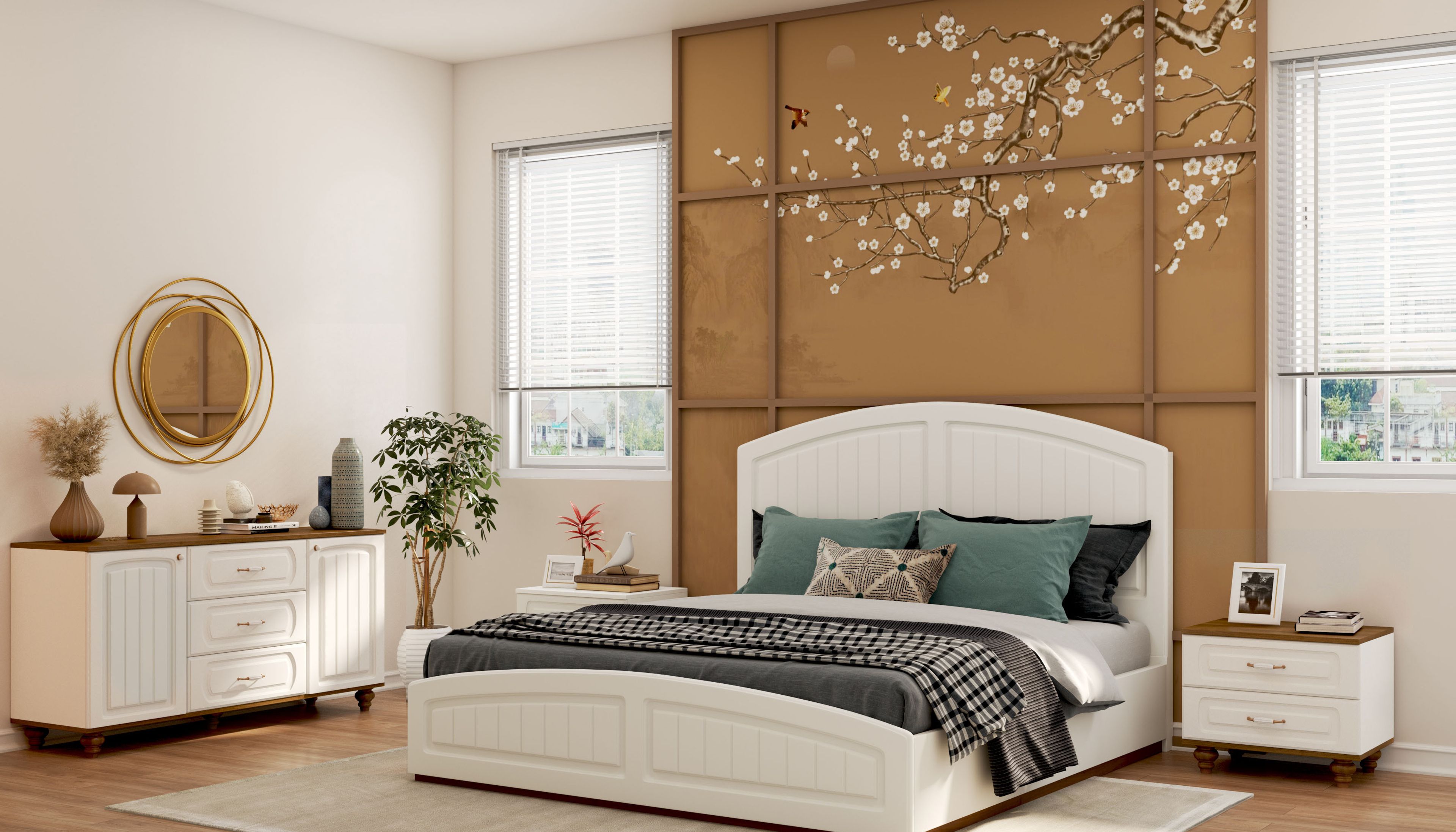 Master Bedroom Design with Arched Bed, Paneled Wall and White Furniture