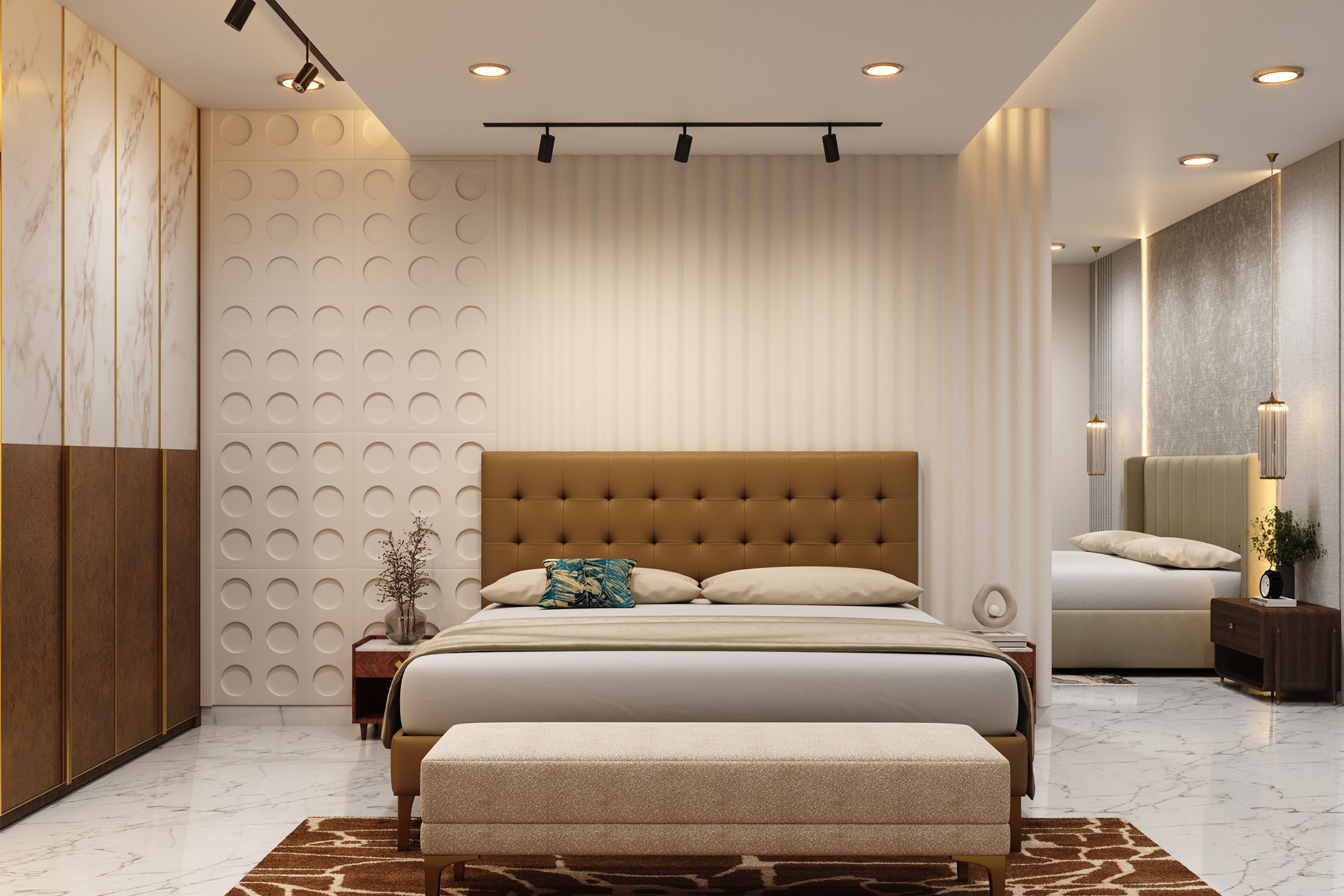 Master Bedroom Design with Mustard Tufted Headboard and Marble Wardrobe