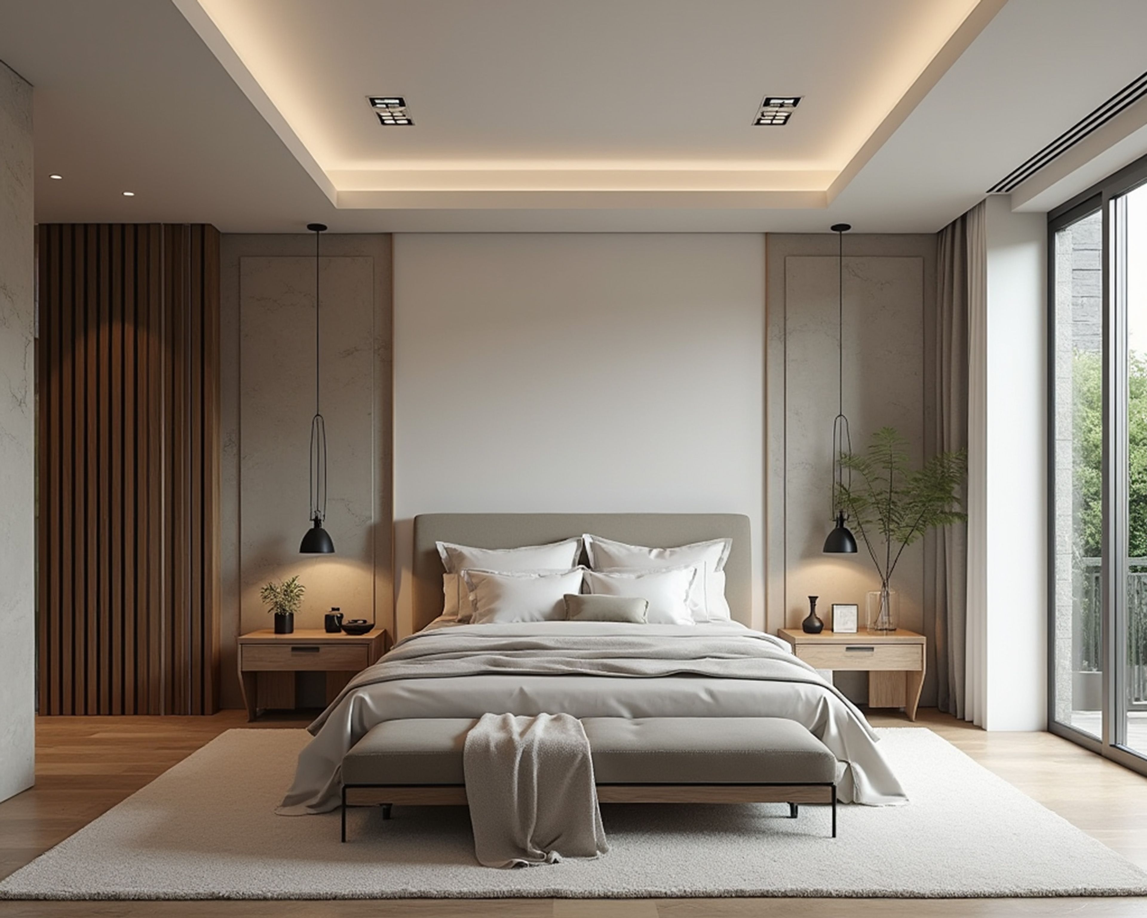 Modern Master Bedroom Design with Beige Upholstered Bed and Wooden Slat Wall Panels