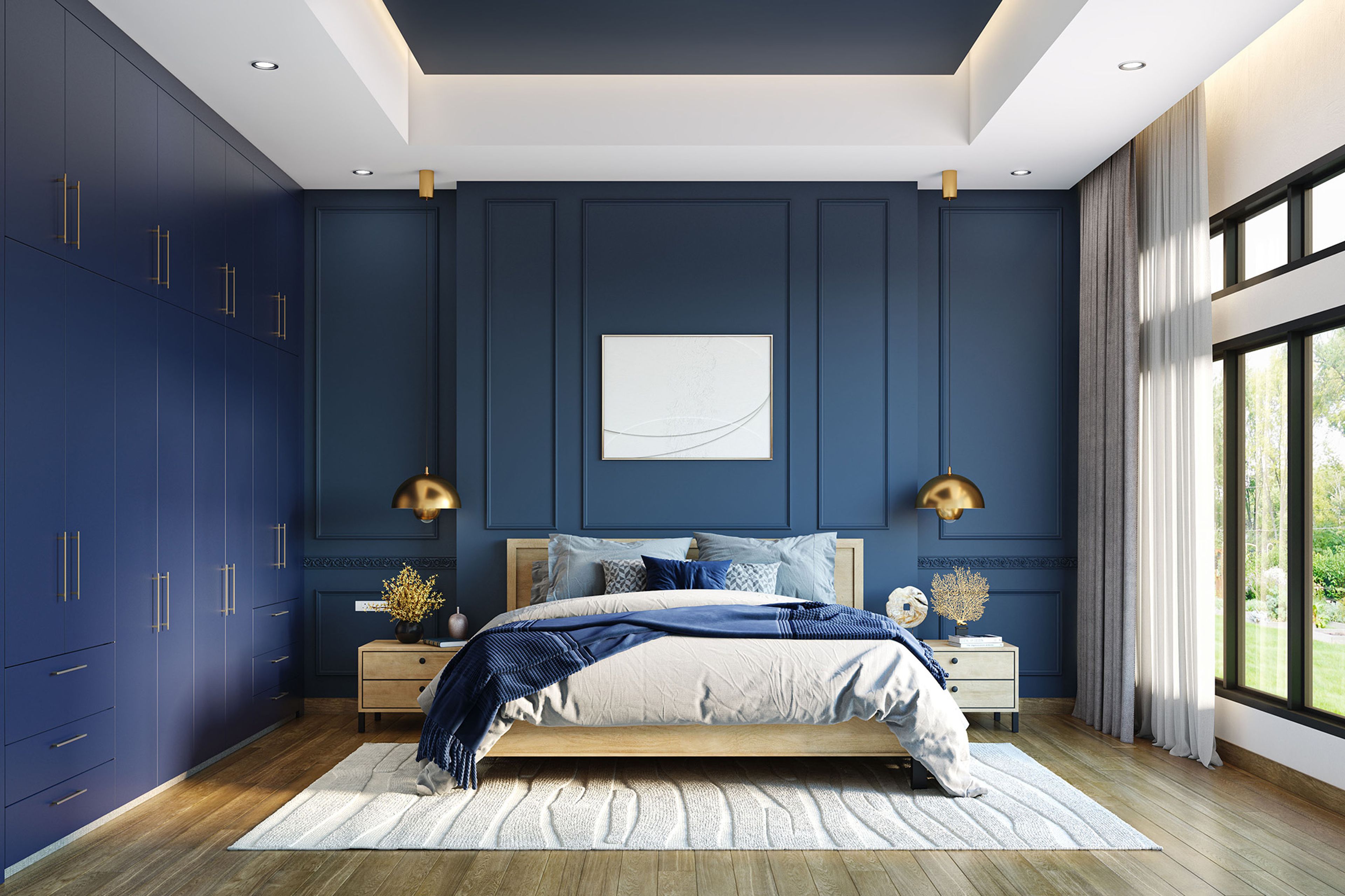 Contemporary Master Bedroom Design with Bold Blue Walls and Wooden Bed