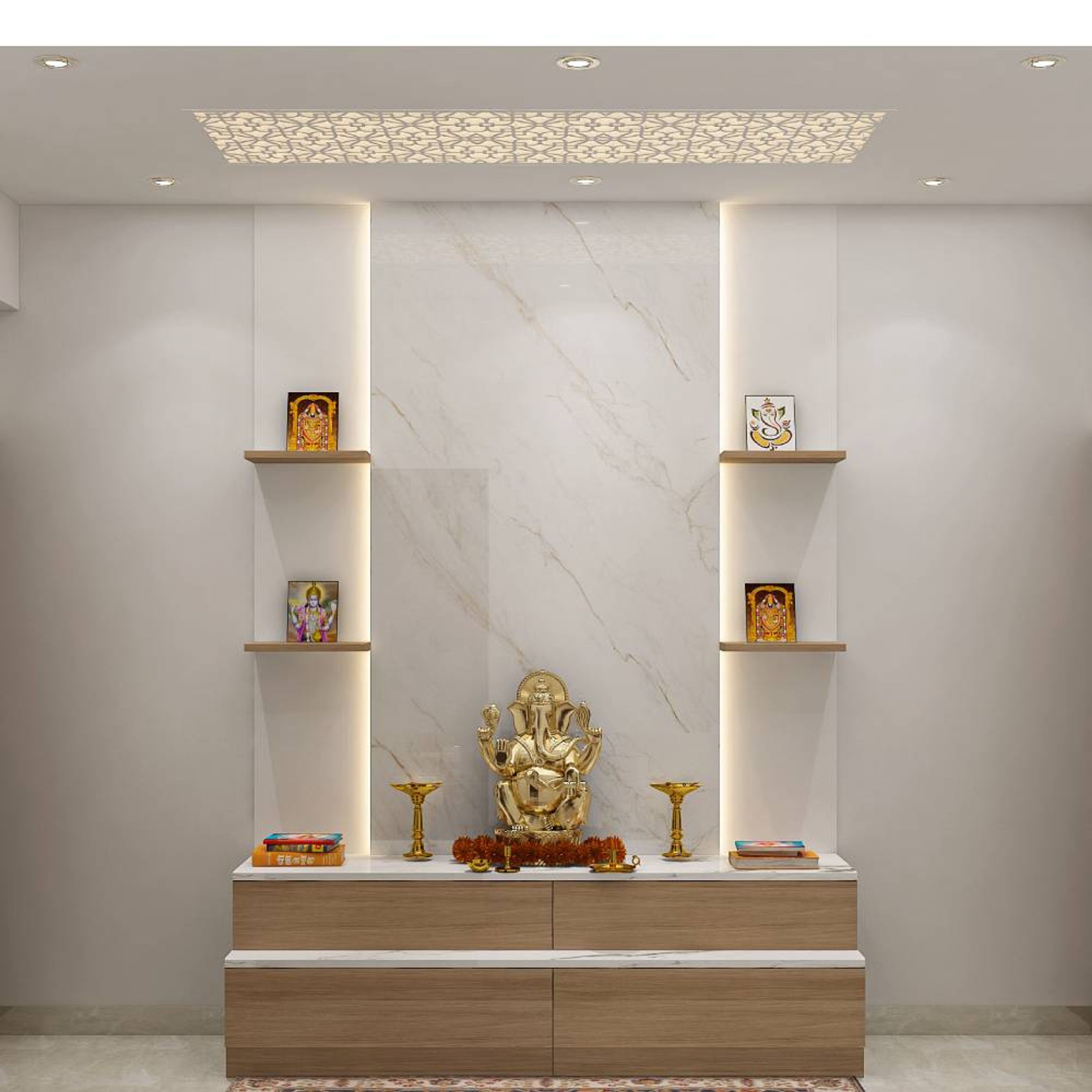 Contemporary Walnut Floor-Mounted Pooja Design with Vertical Shelves and Marble Backdrop