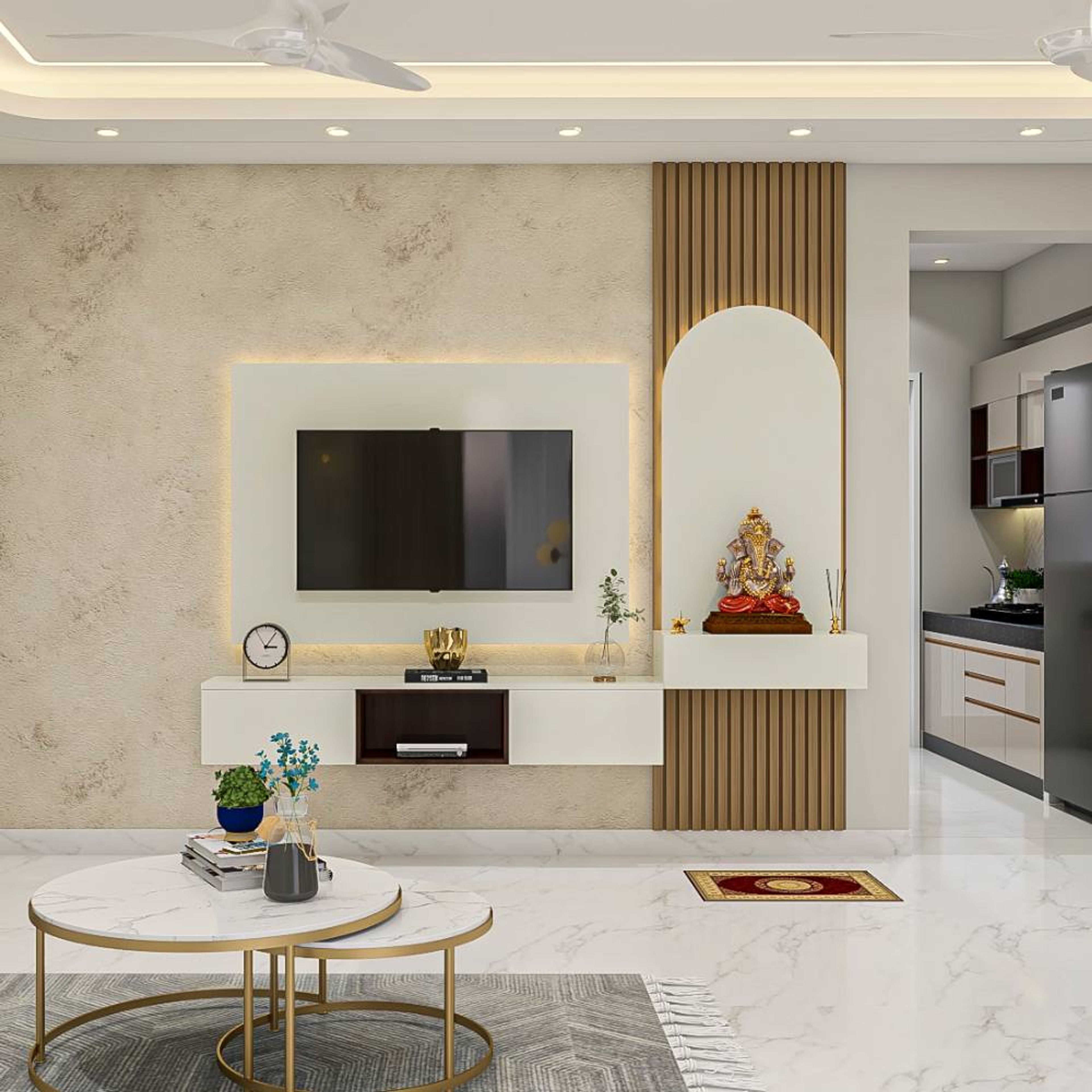 Pooja Design with Arched Backdrop, Fluted Panels and Golden Trims