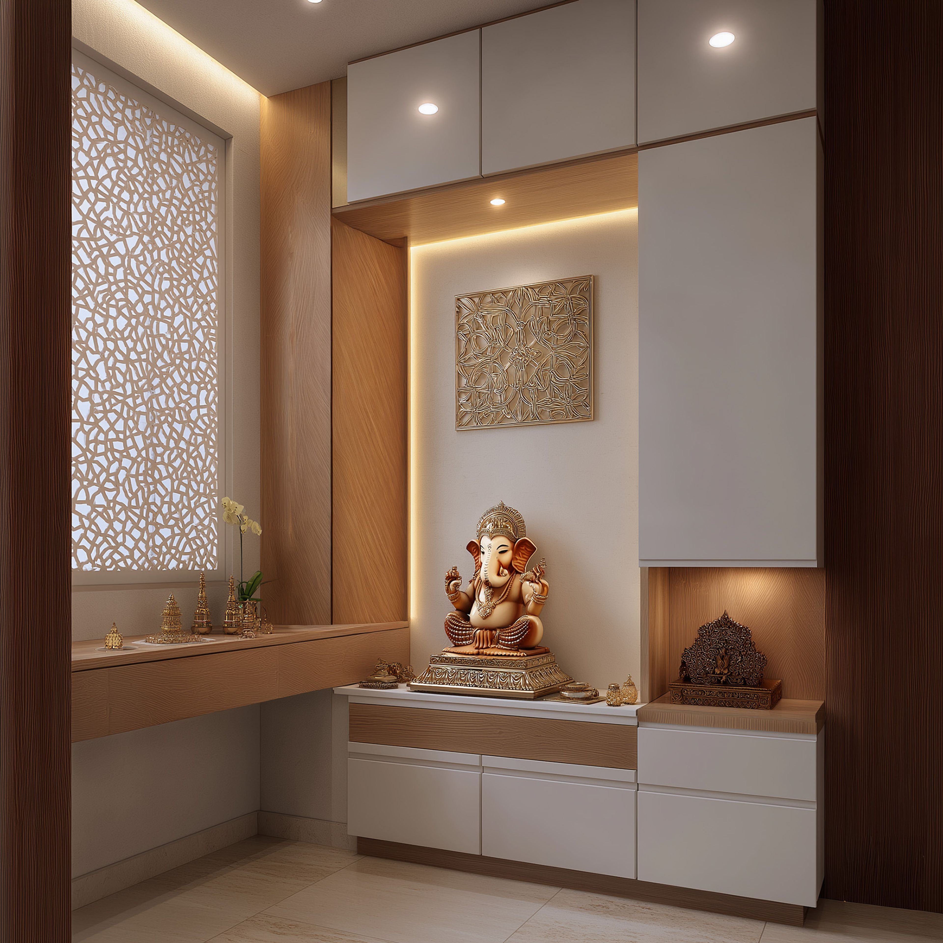 White and Wood Modern Pooja Room Design with Backlit Jali and Matte Finish Cabinets