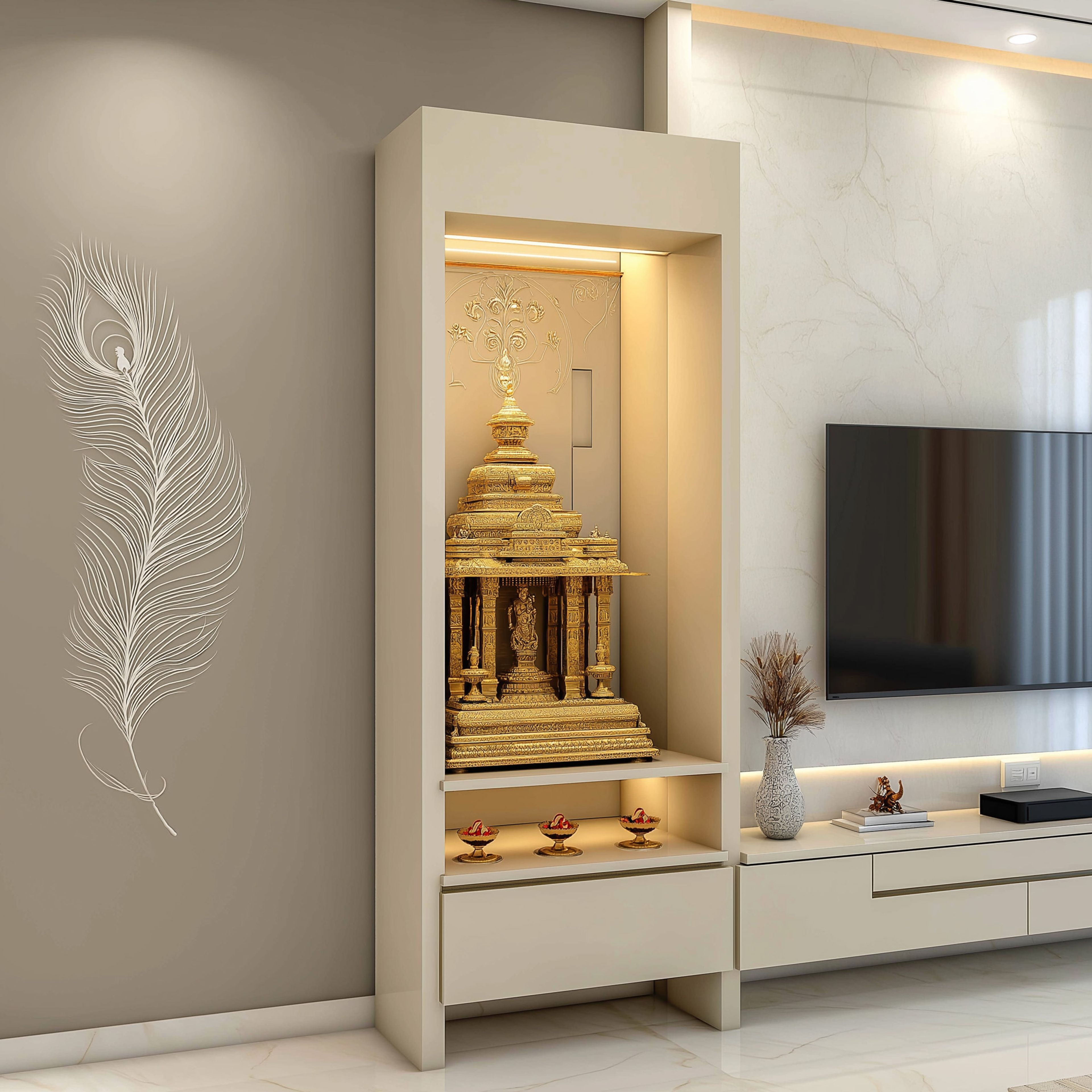 Floor Mounted Ivory Contemporary Pooja Room Design with Gold Carvings