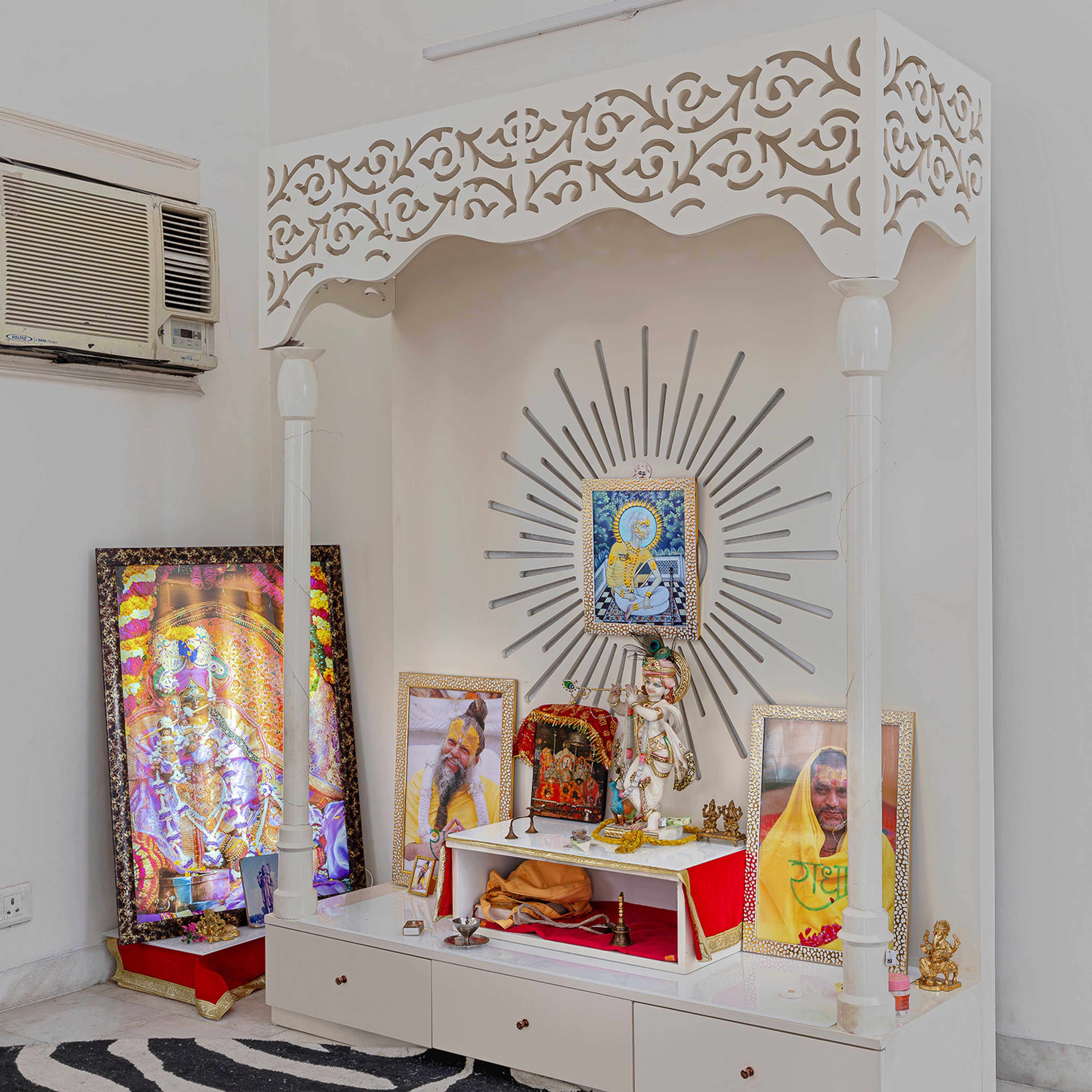White Contemporary Floor mounted Pooja Design with Drawers and Side Compartments