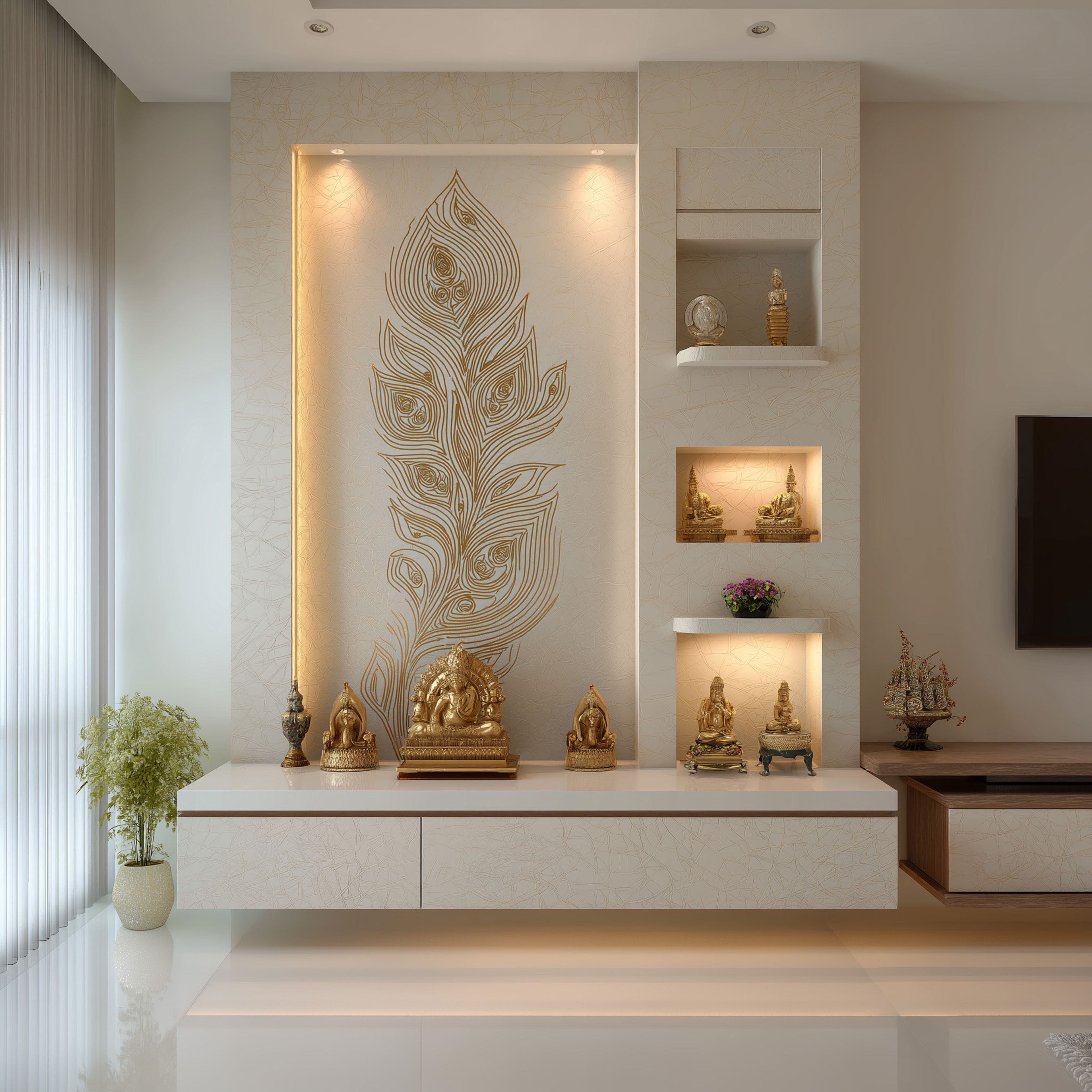 Textured Pattern Contemporary Pooja Design with Floating Storage and Highlighted Niches