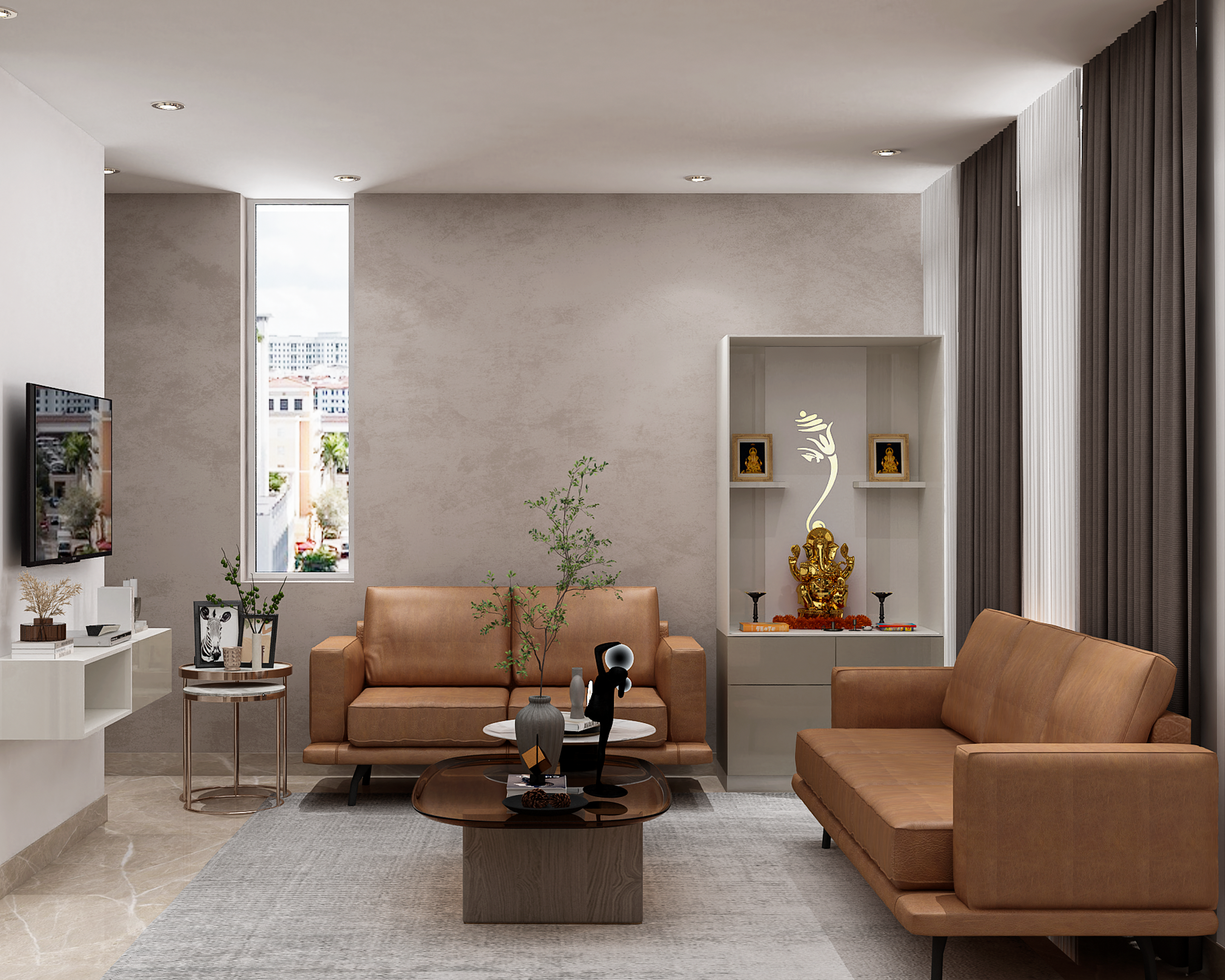 Light Grey and White Contemporary Floor-Mounted Pooja Design with Display Shelves