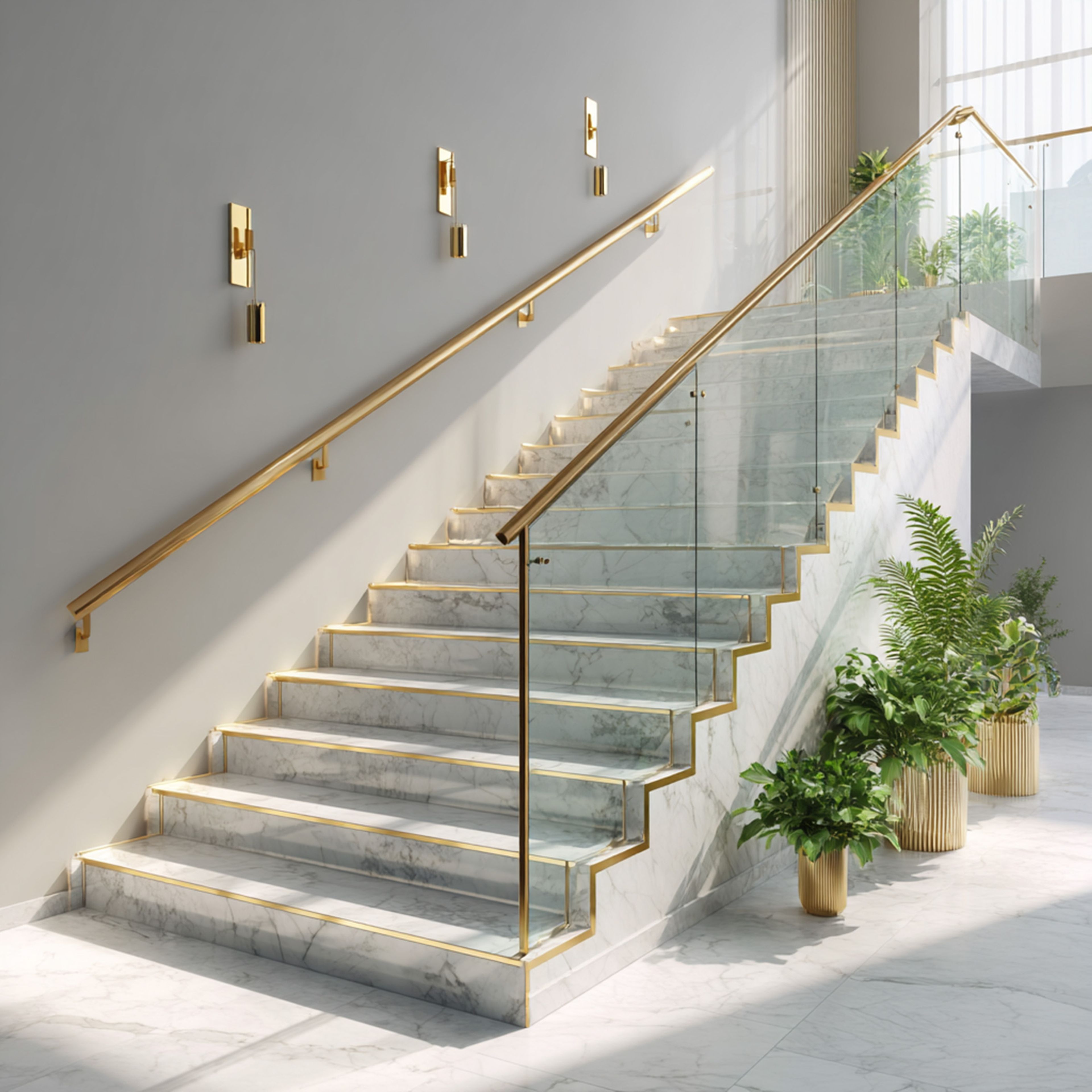 Staircase Design With Glass Railings and Gold Handrail Finish