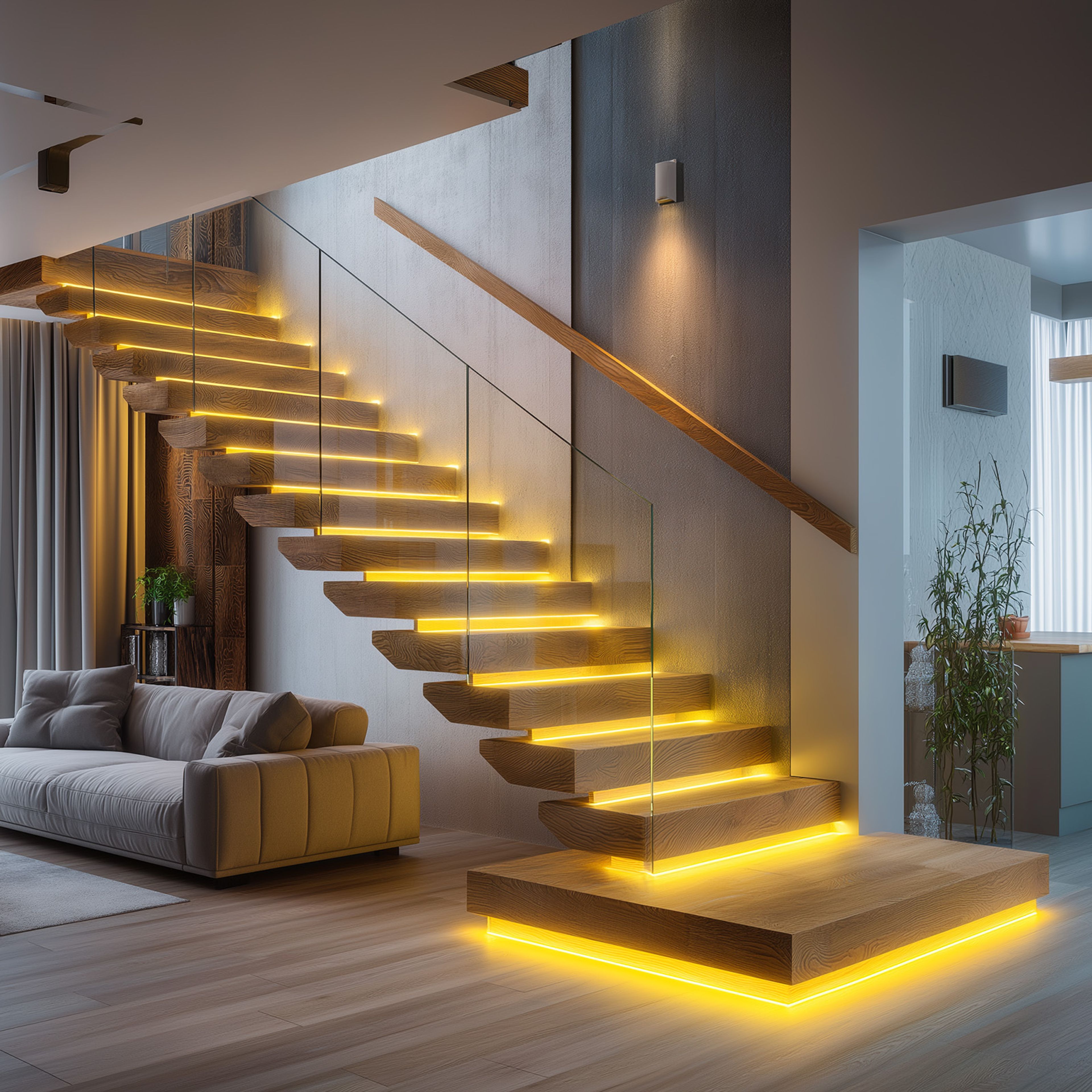 Contemporary Straight Staircase Design with Wooden Treads and Glass Railing