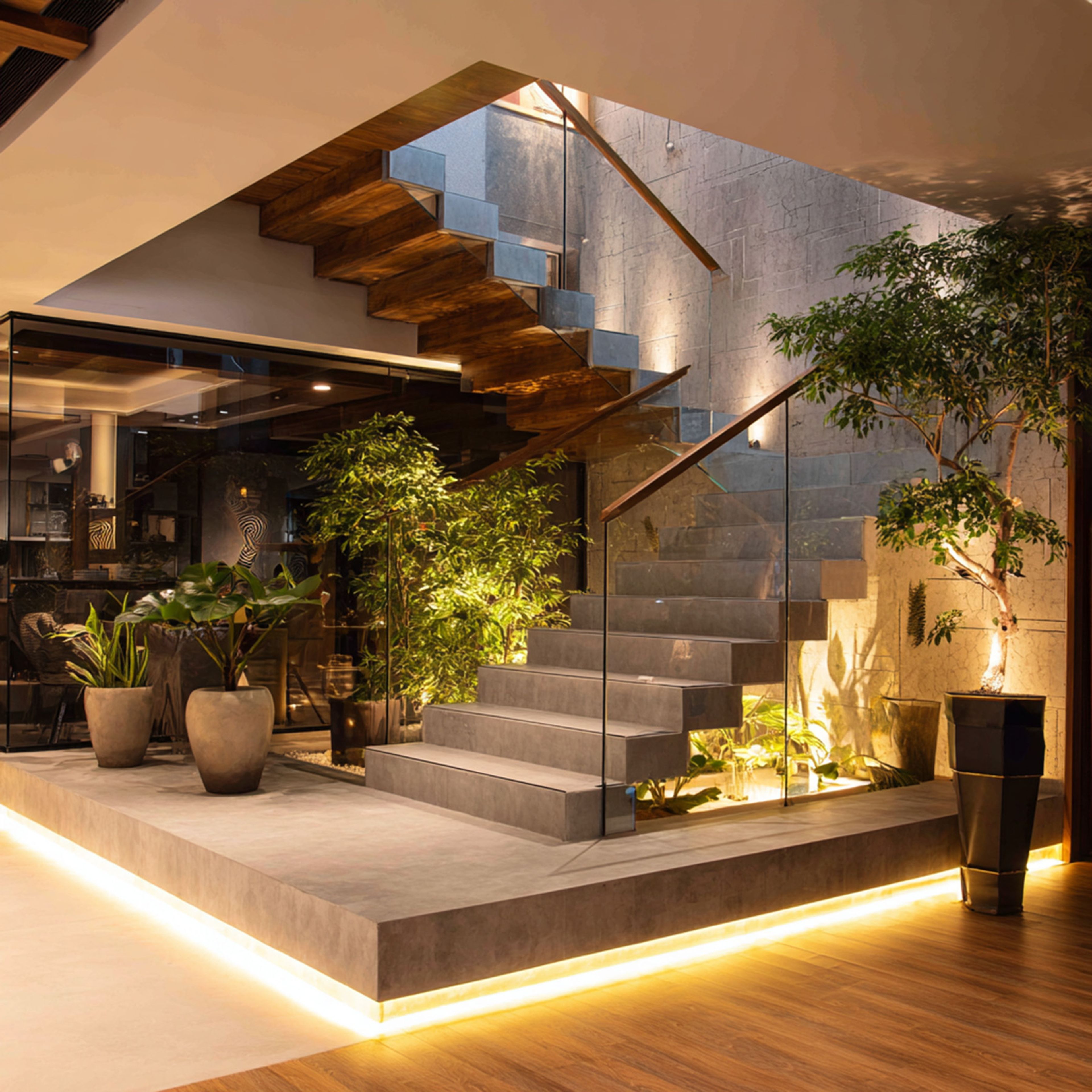 Contemporary L-Shaped Staircase Design with Stone Steps, Wooden Treads and Glass Railing