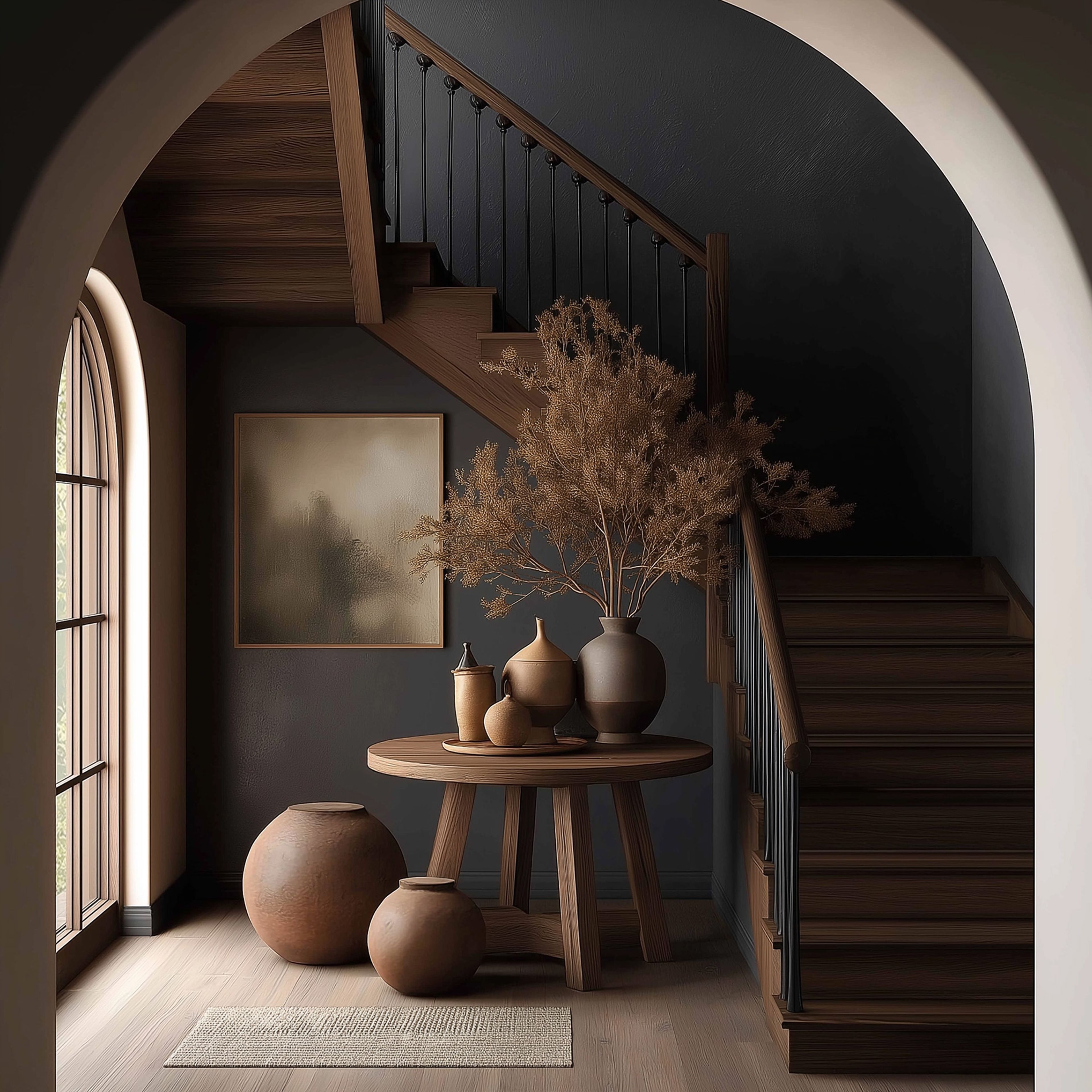 Rustic L-Shaped Staircase Design with Wooden Treads and Black Metal Balusters