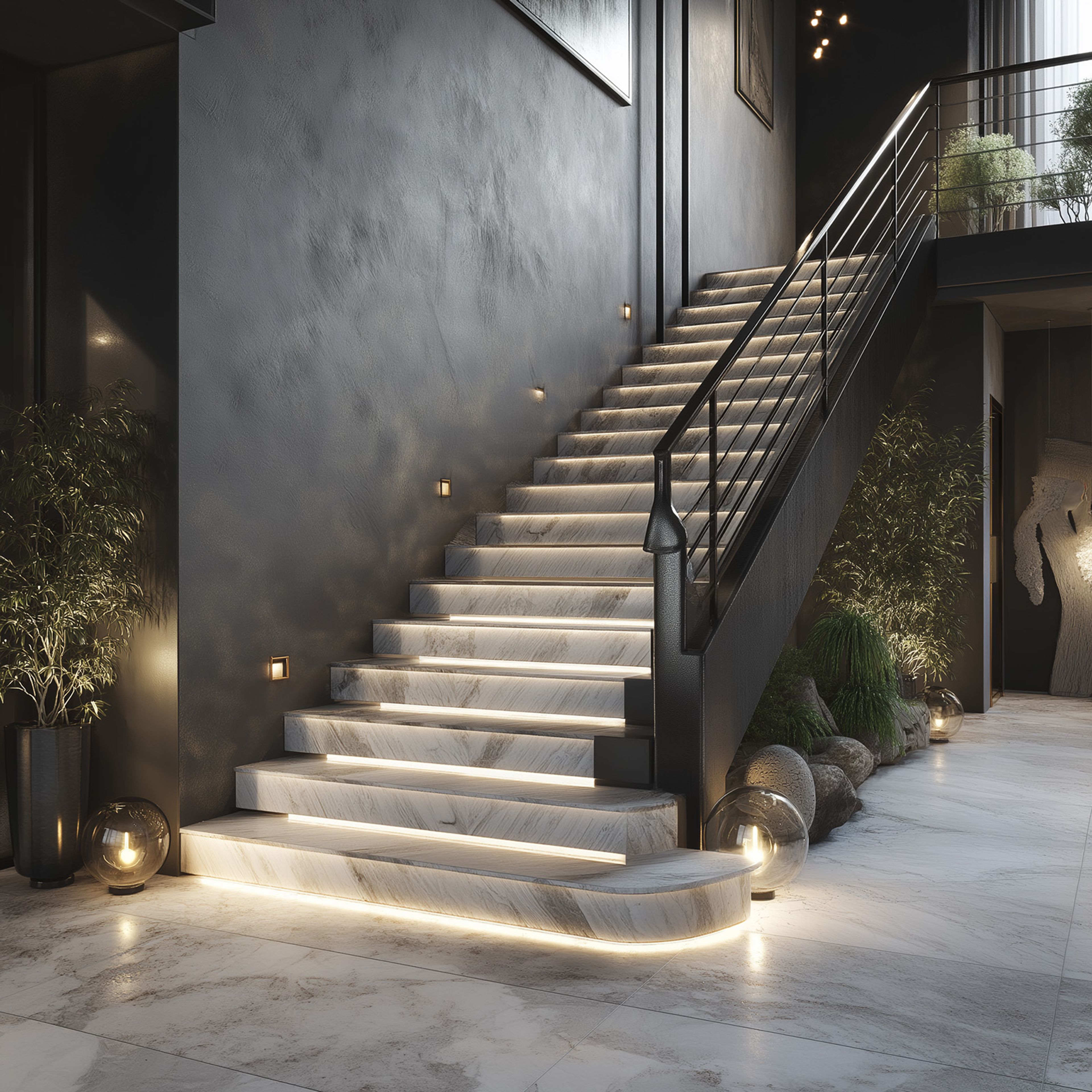 Modern Straight Staircase Design with Marble Steps and Metal Railing
