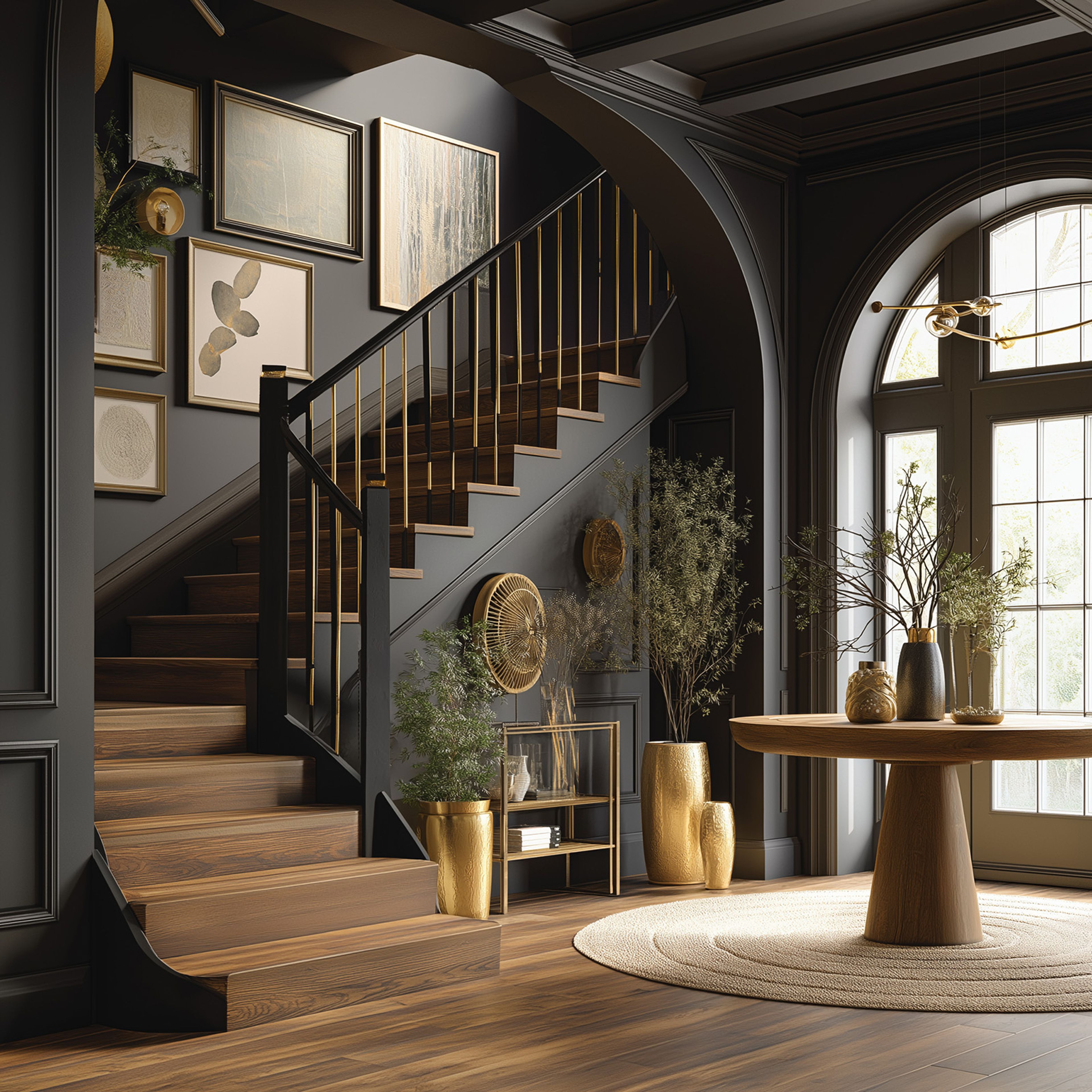 Traditional L-Shaped Staircase Design with Wooden Treads and Classic Metal Balusters