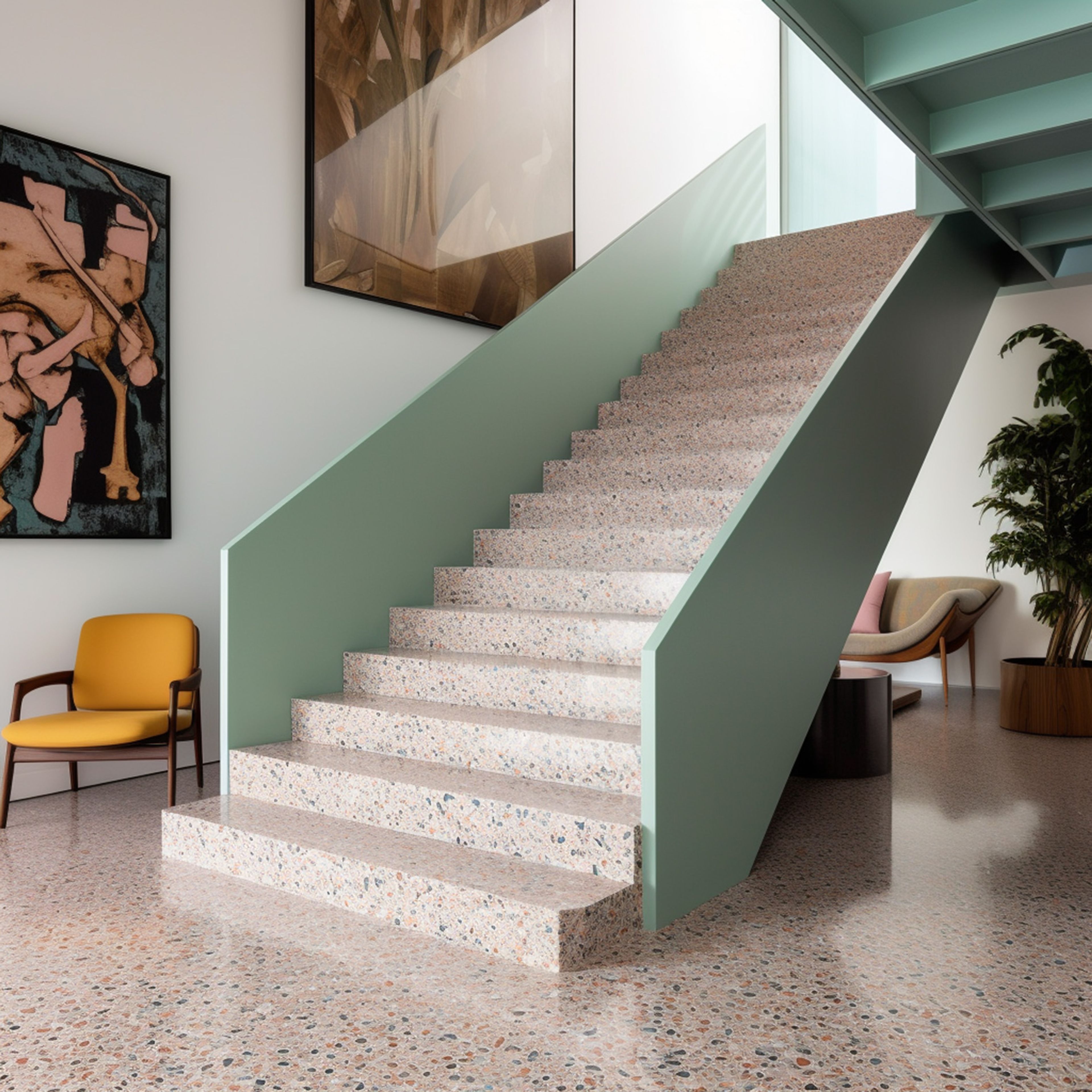 Mid-century Modern Straight Staircase Design in Terrazzo Material