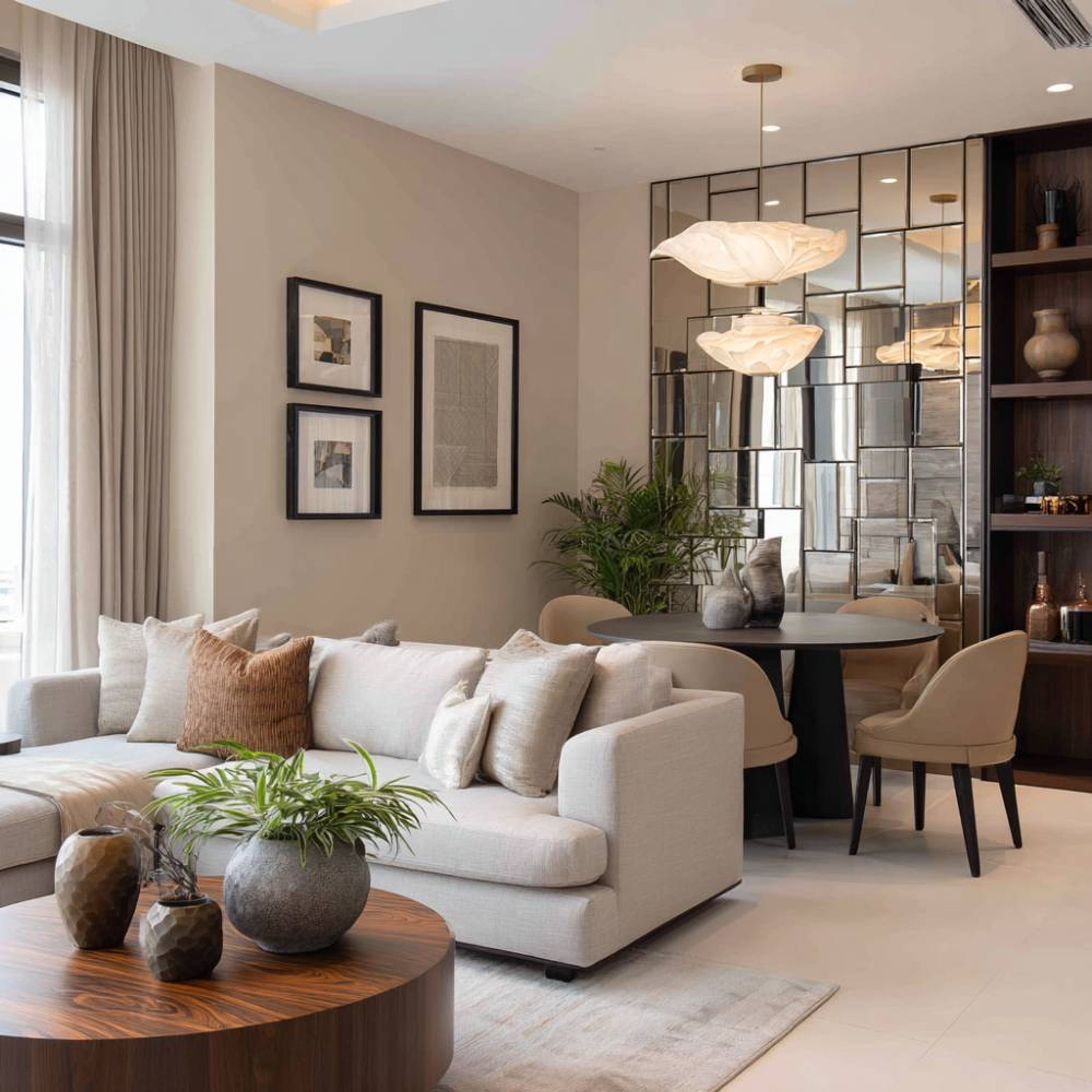 Space Saving Design with Built-In Storage, Sofa and Round Dining Table