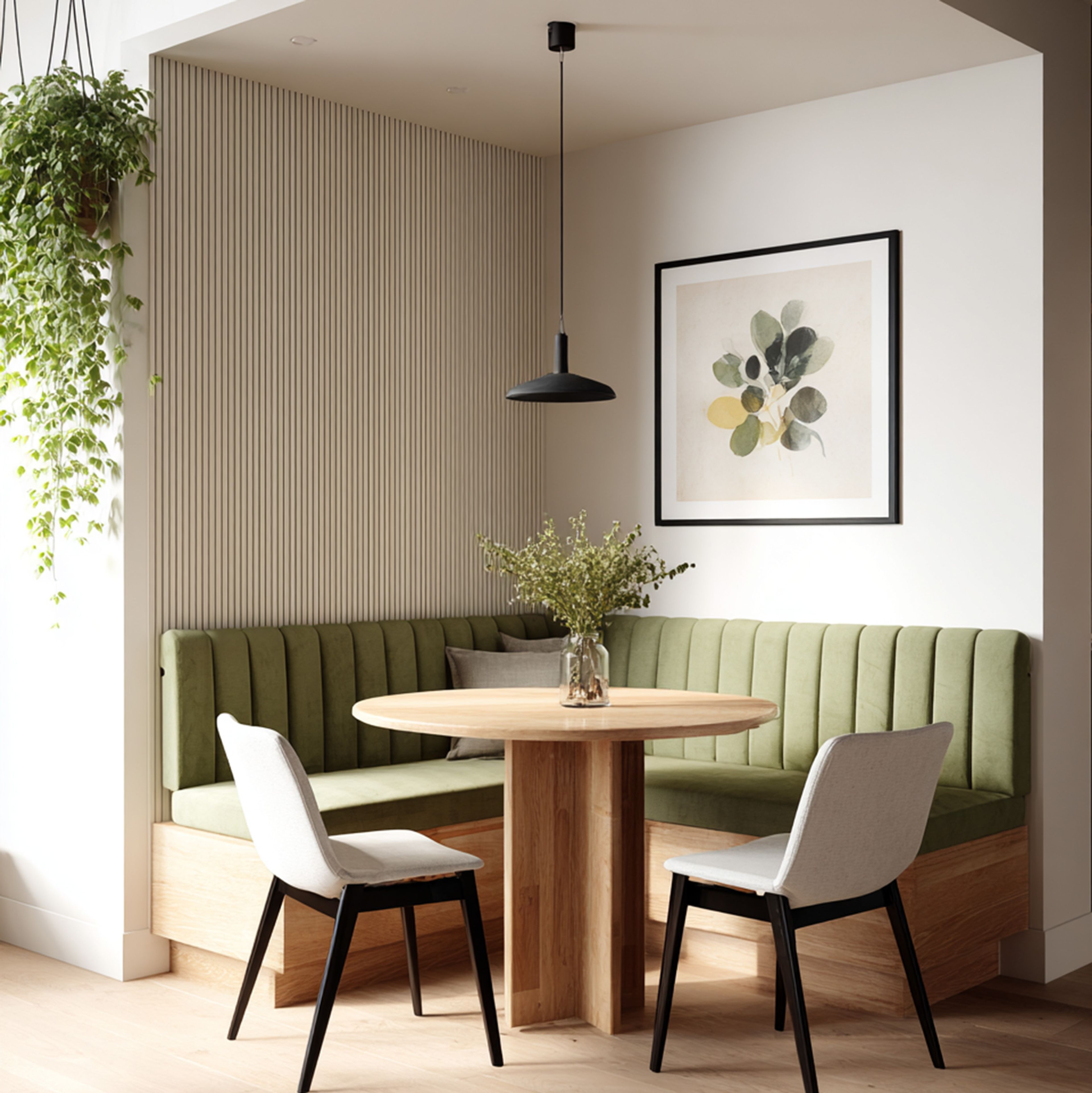 Space-Saving Dining Room Design With L-Shaped Bench and Round Table