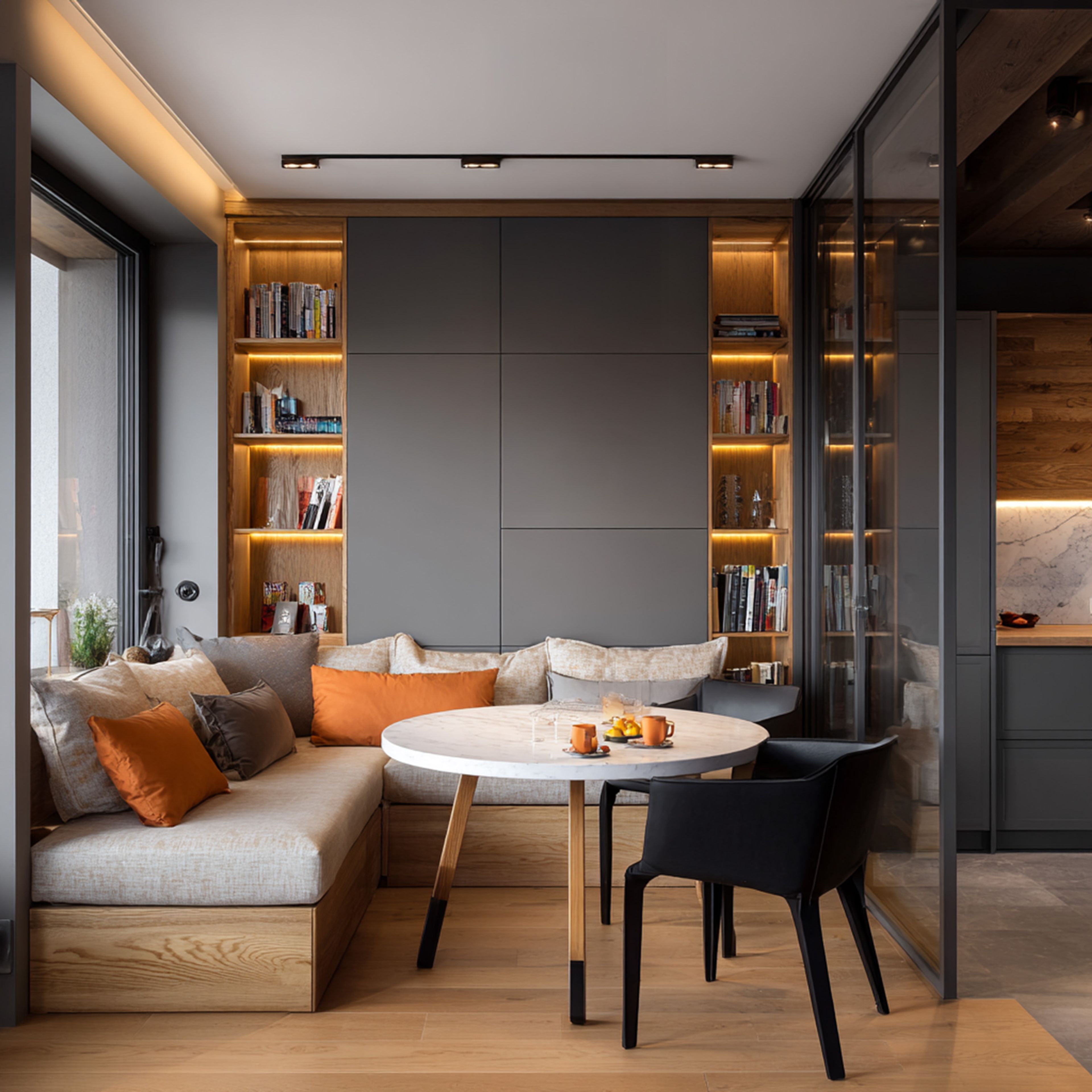 Space Saving Design With L-Shaped Bench and Round Dining Table