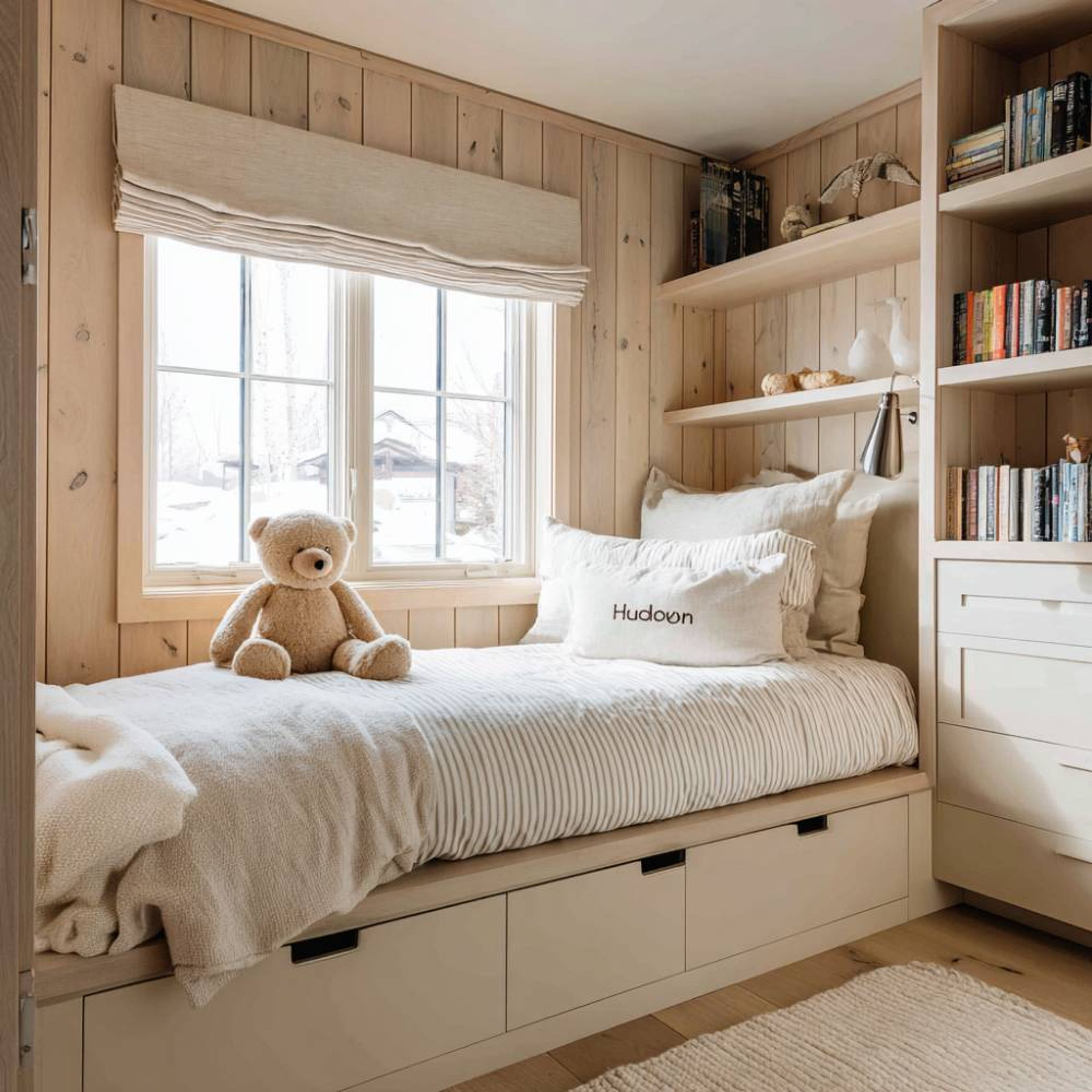 Bedroom Space Saving Design with Under-Bed Storage and Paneled Wall Shelves