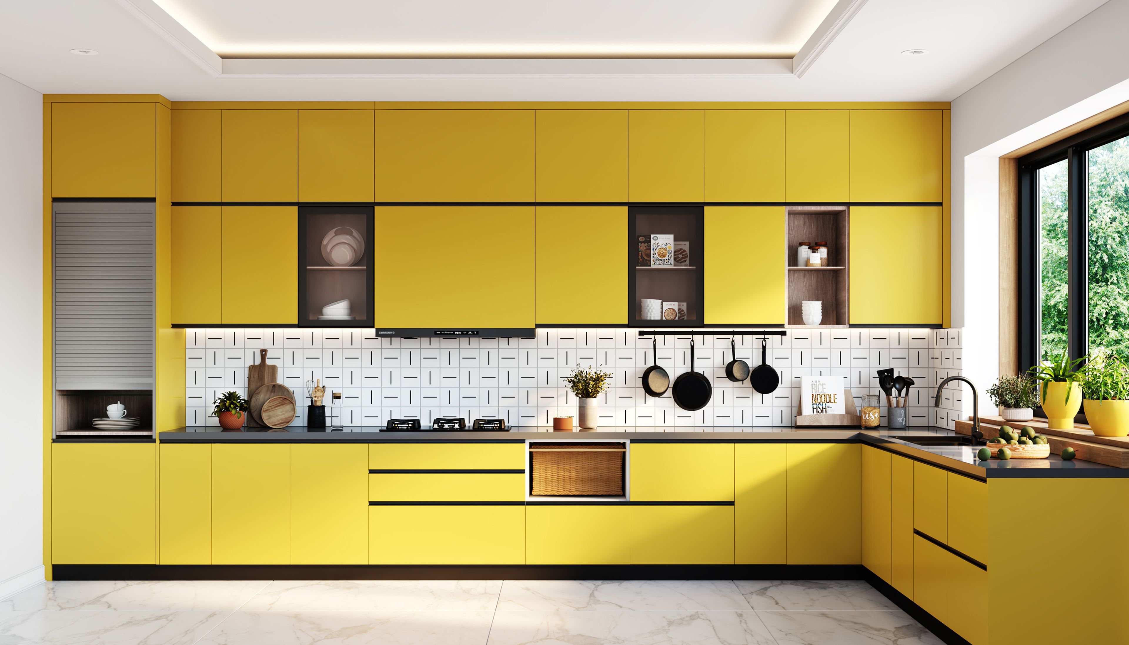 White and Black Kitchen Tile Design with Square Geometric Linear Pattern