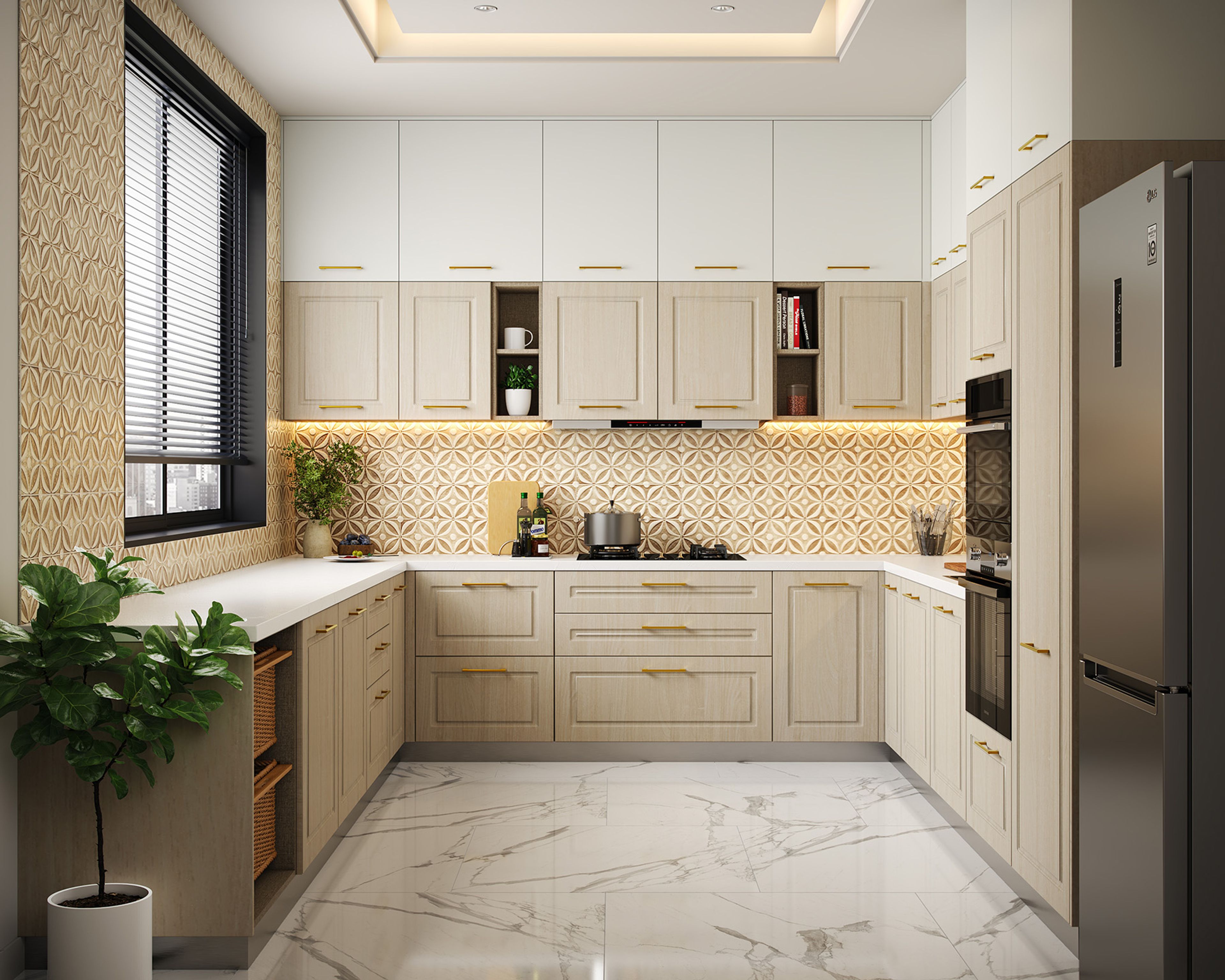 Rectangular Kitchen Tile Design Featuring Beige Geometric Floral Motif