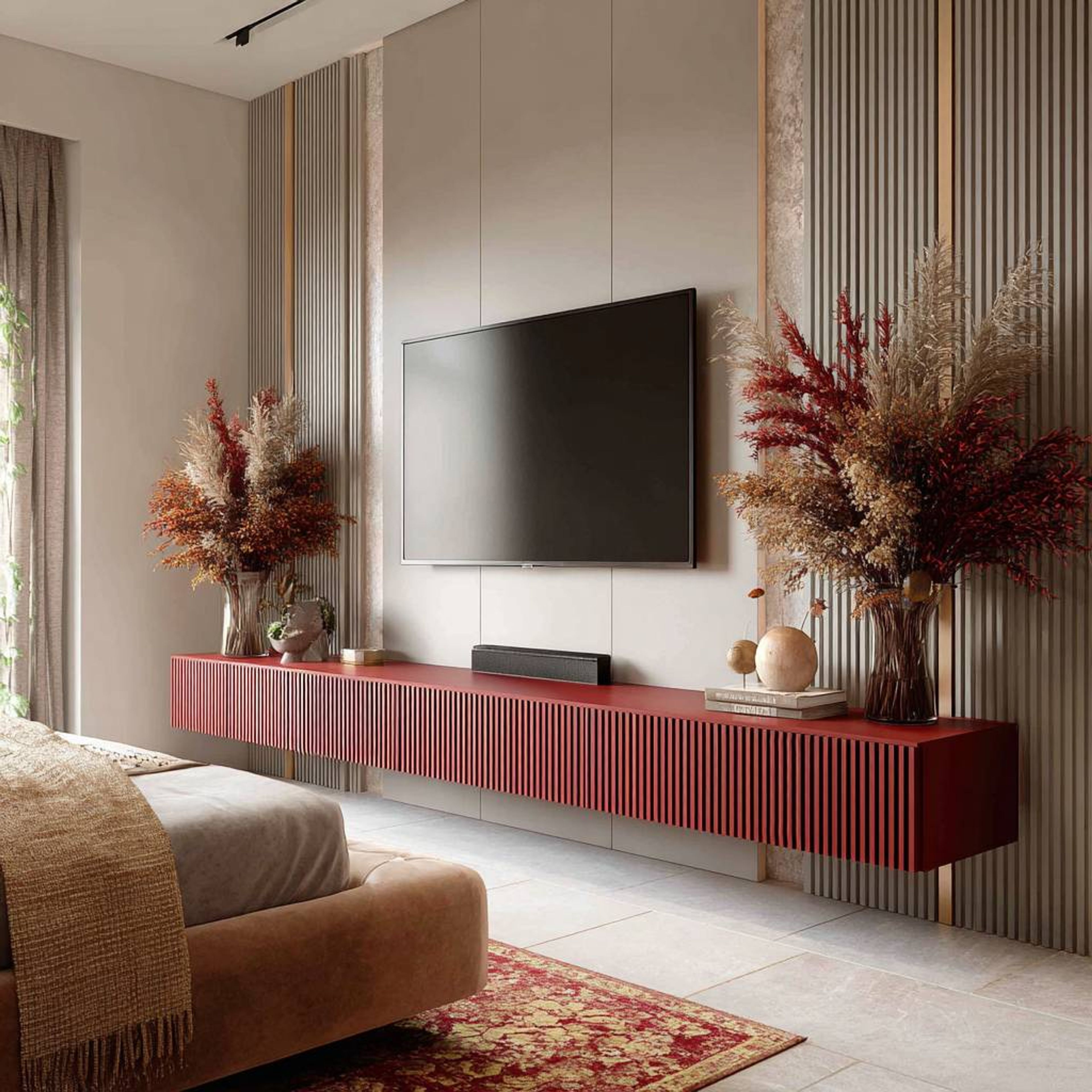 Modern TV Unit Design with Carnival Red Finish, Horizontal Cabinets and Vertical Panels
