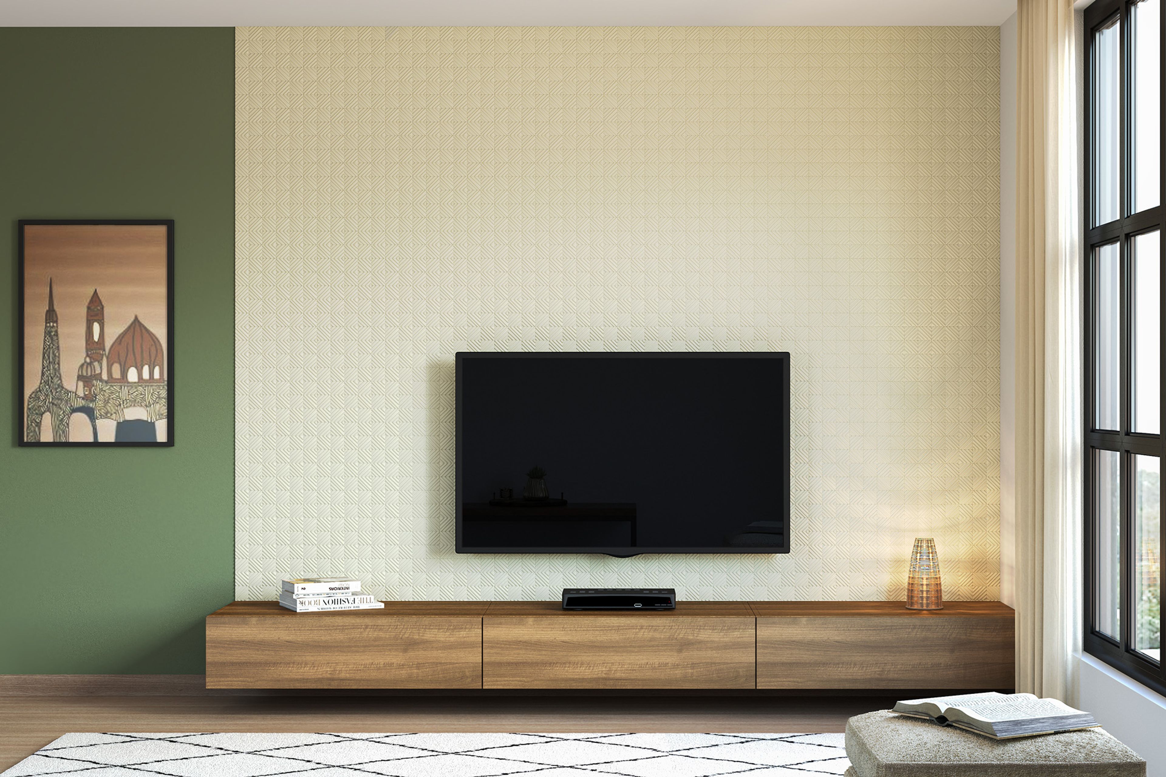 Modern TV Unit Design with Matte Wood Finish, Textured Wall Panels and Open Storage