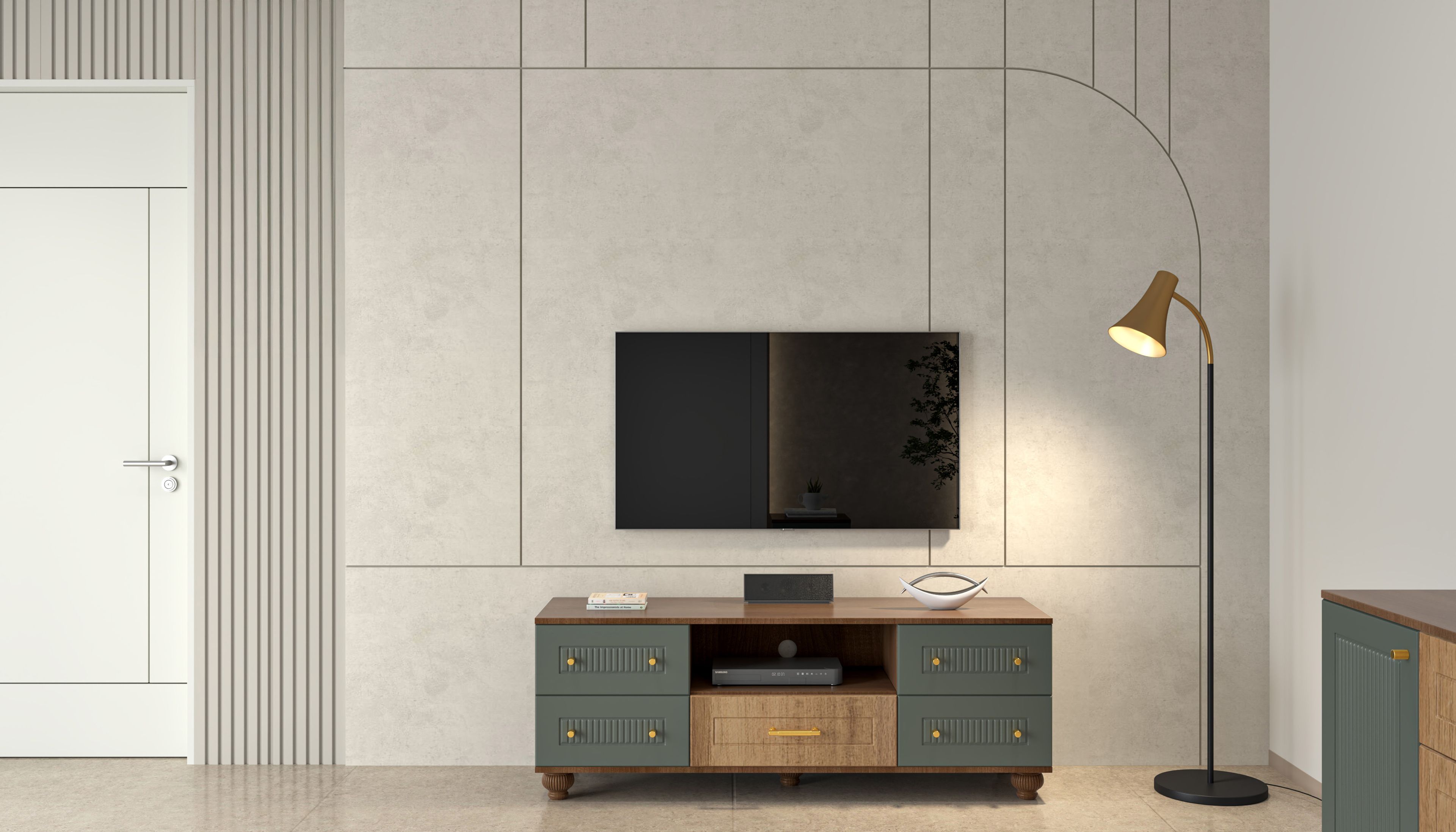 Classic Olive Green and Wood TV Unit Design with Matte Finish