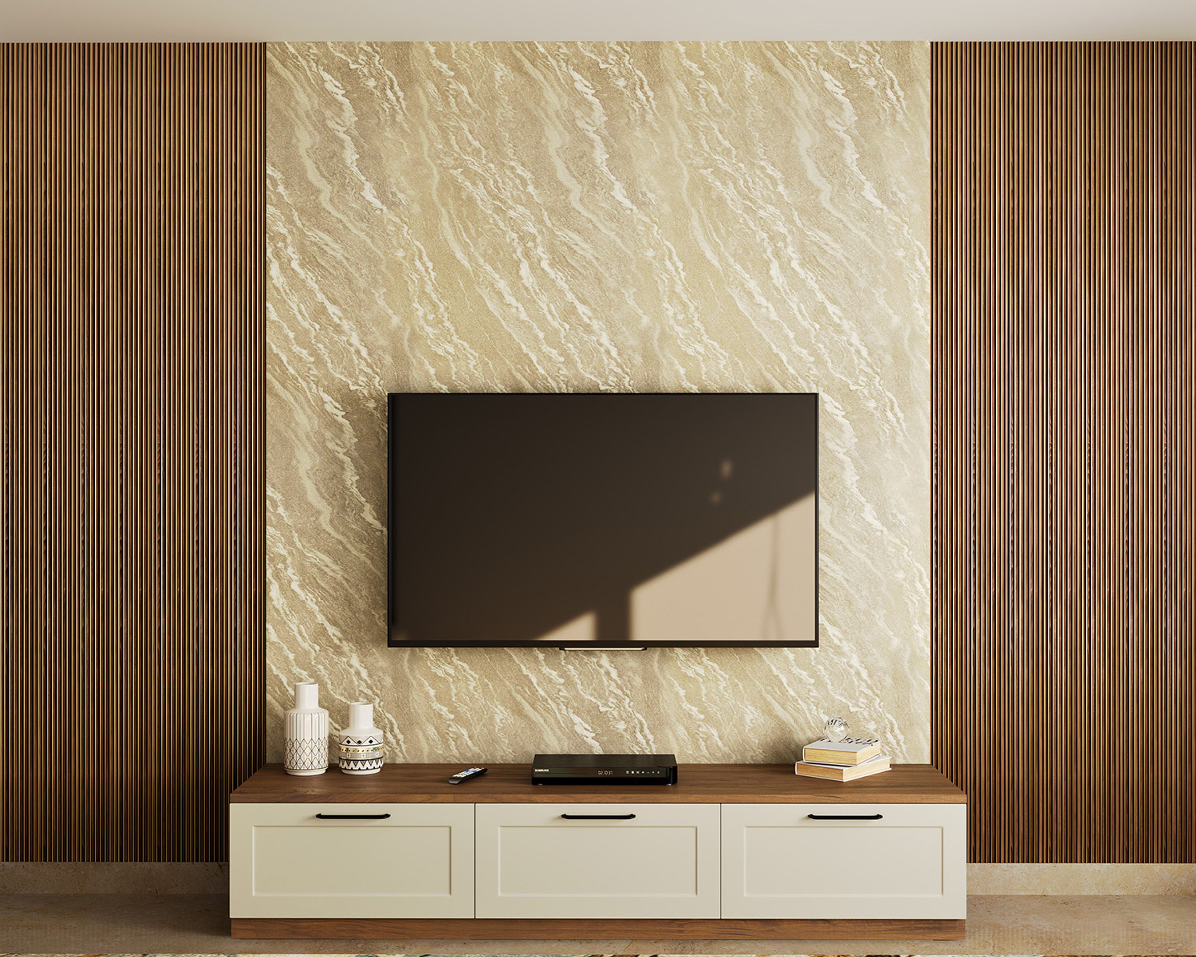 Modern Beige TV Unit Design with Vertical Cabinets and Marble-Like Wall Backdrop