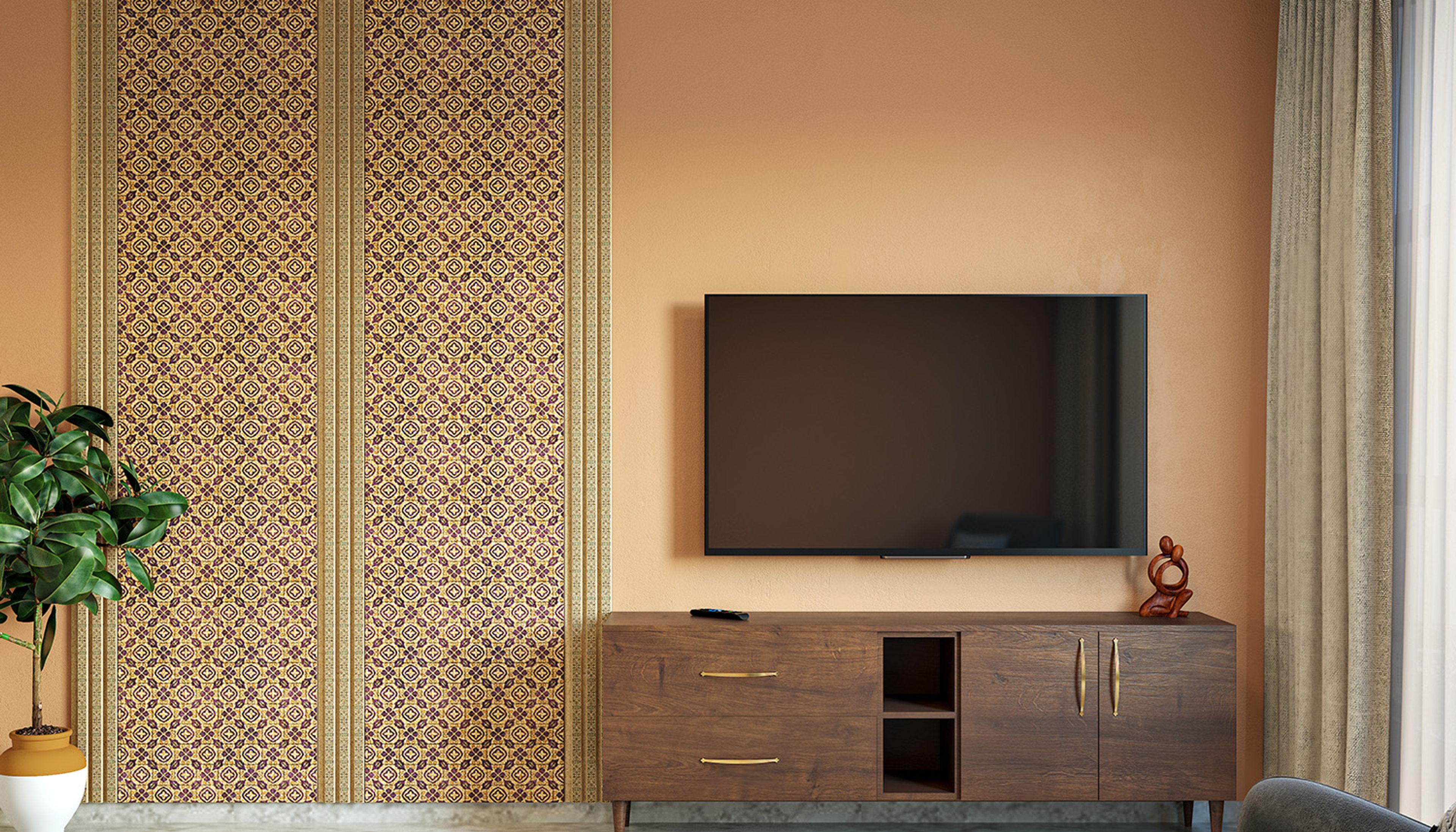 Wooden TV console with ornate patterned wall panel and warm earthy tones