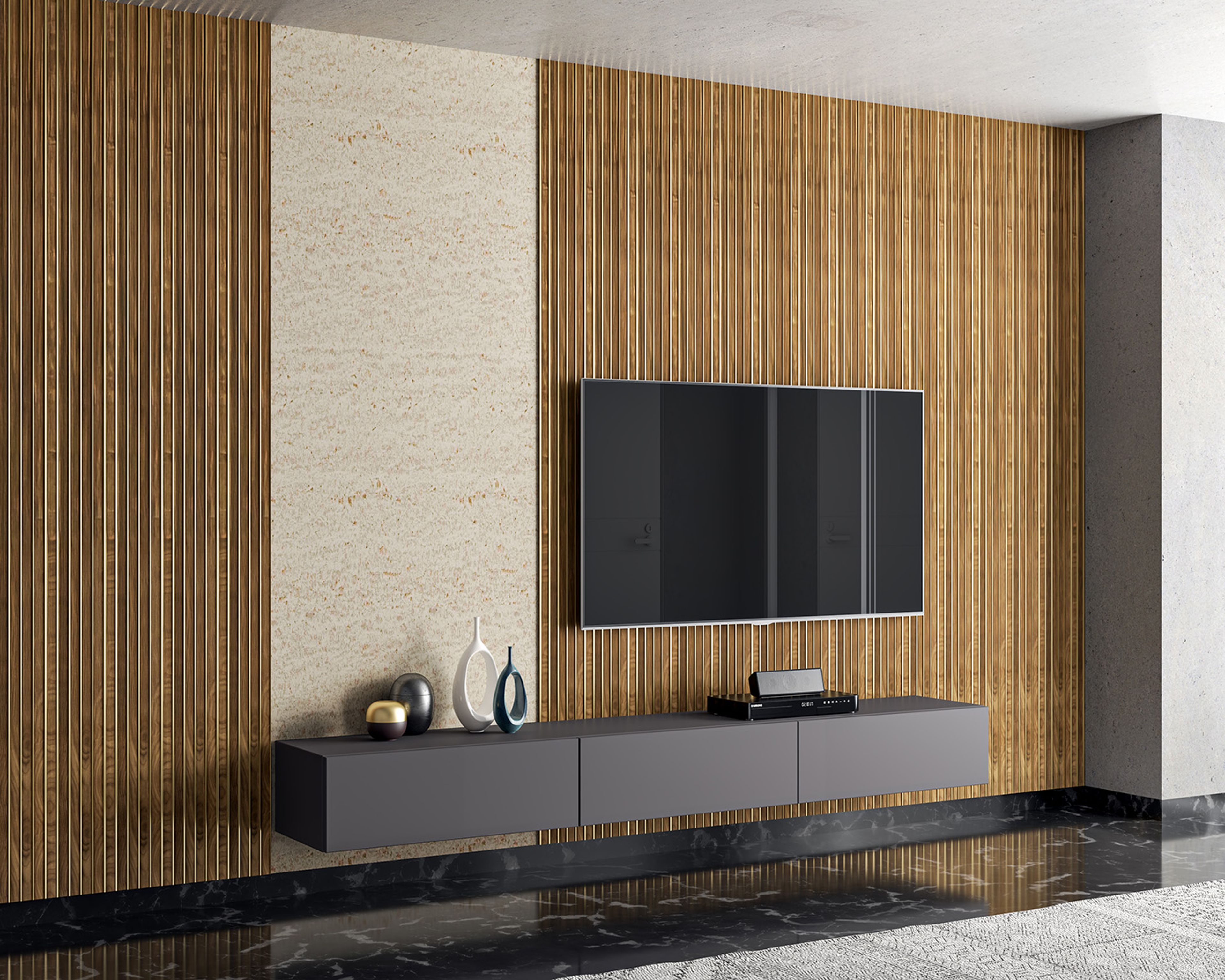 Floating TV unit with wooden slatted and stone-textured wall backdrop