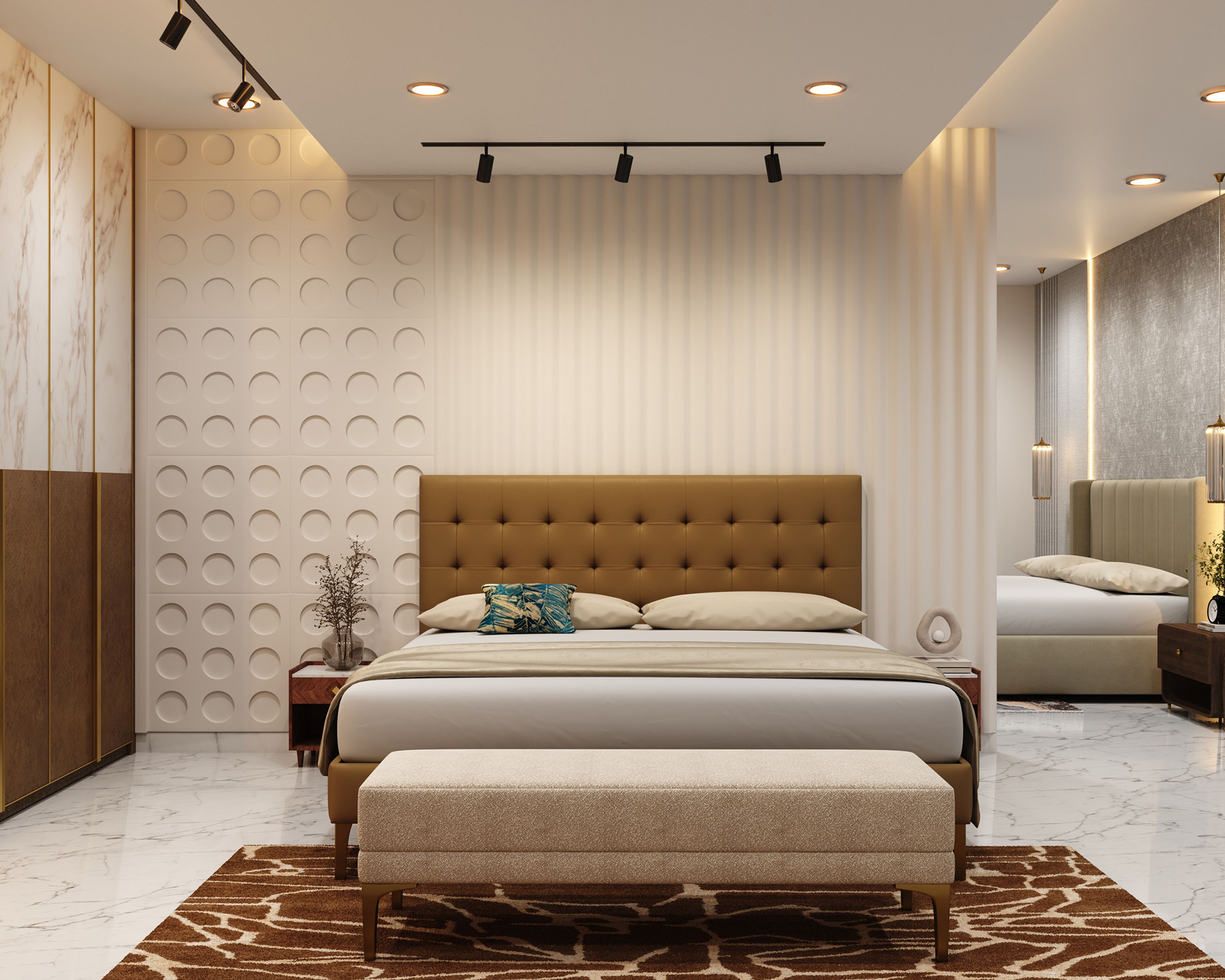Modern Cream 3D Decorative Wall Design Featuring Embossed Panels and Vertical Stripes
