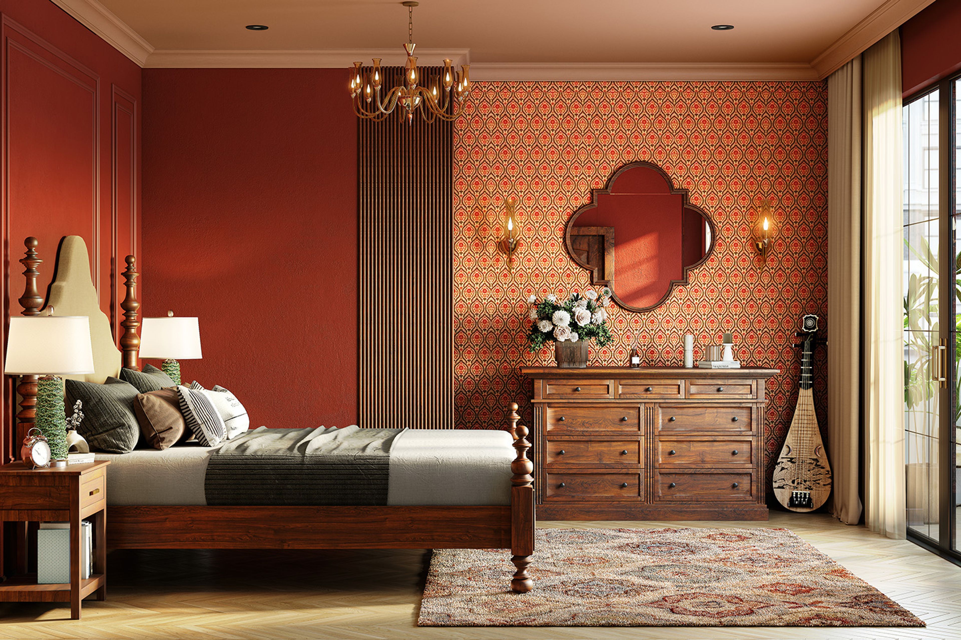 Damask Wallpaper Design With Red-Orange and Golden-Beige Highlights