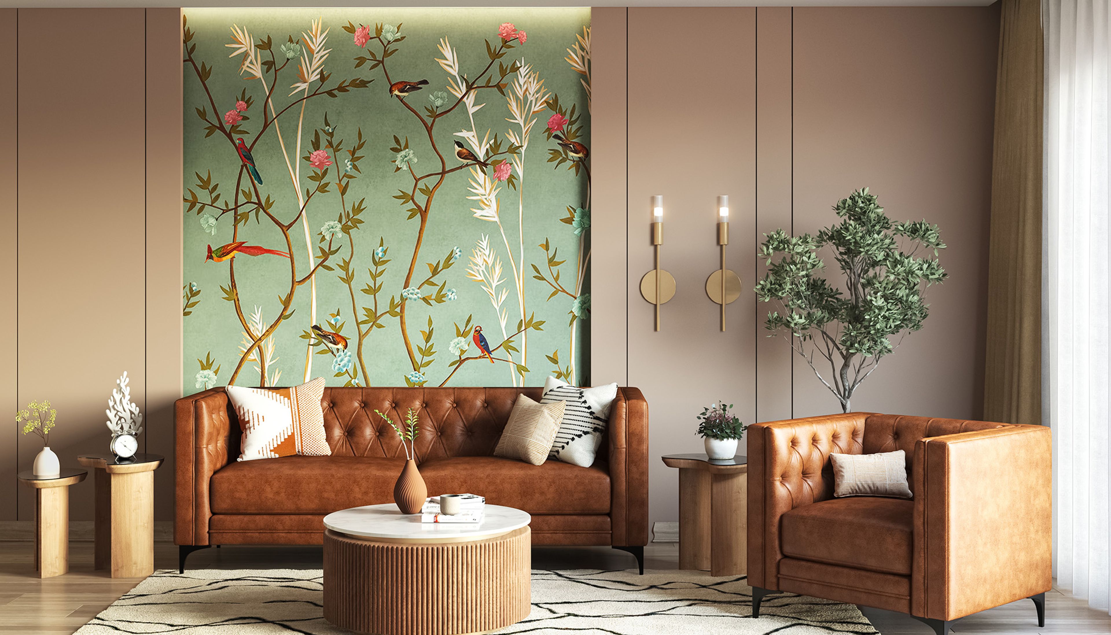 Botanical Mural Wall Paint Design With Warm Vertical Panel Detailing