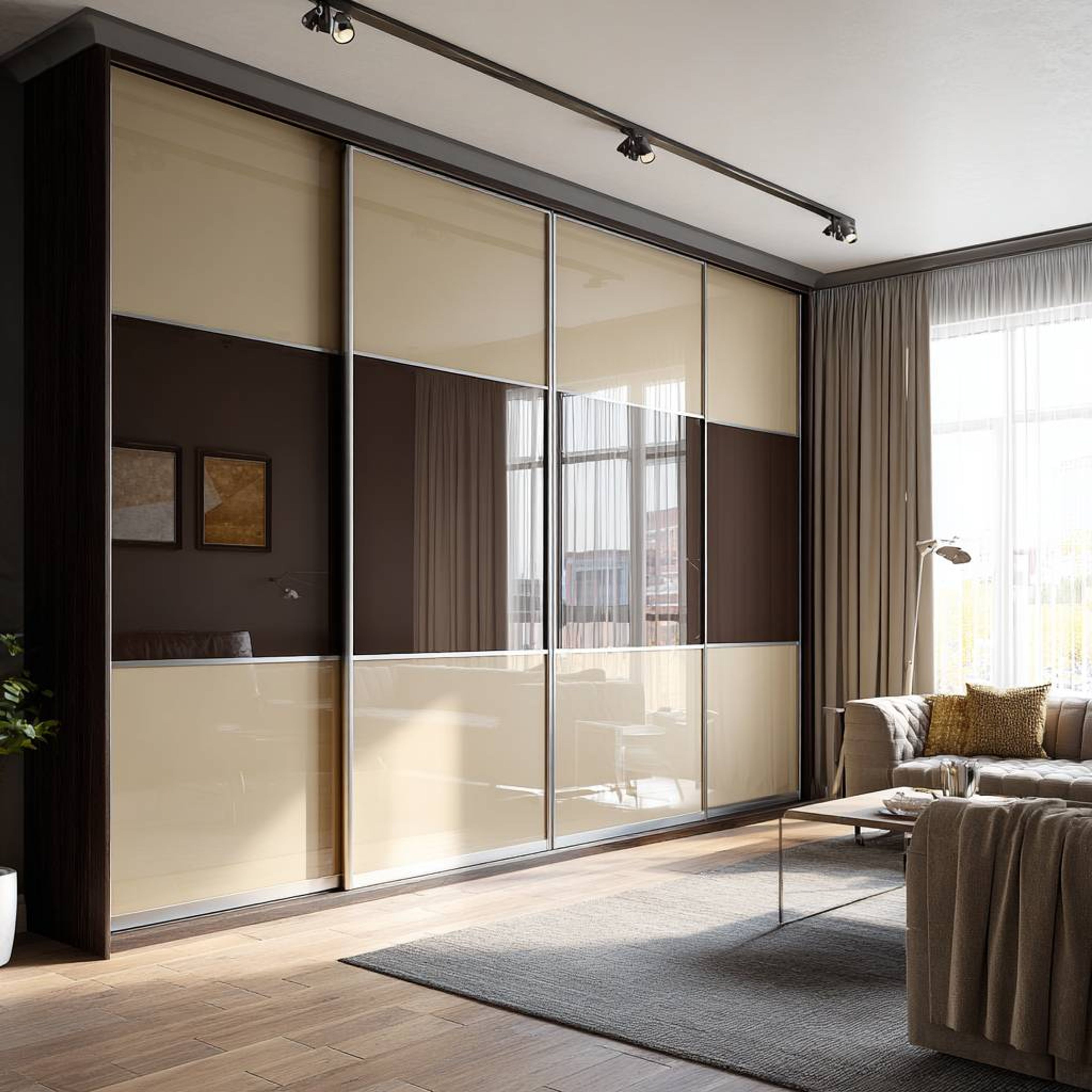 Modern 4-Door Wardrobe Design with Sliding Glass Shutters