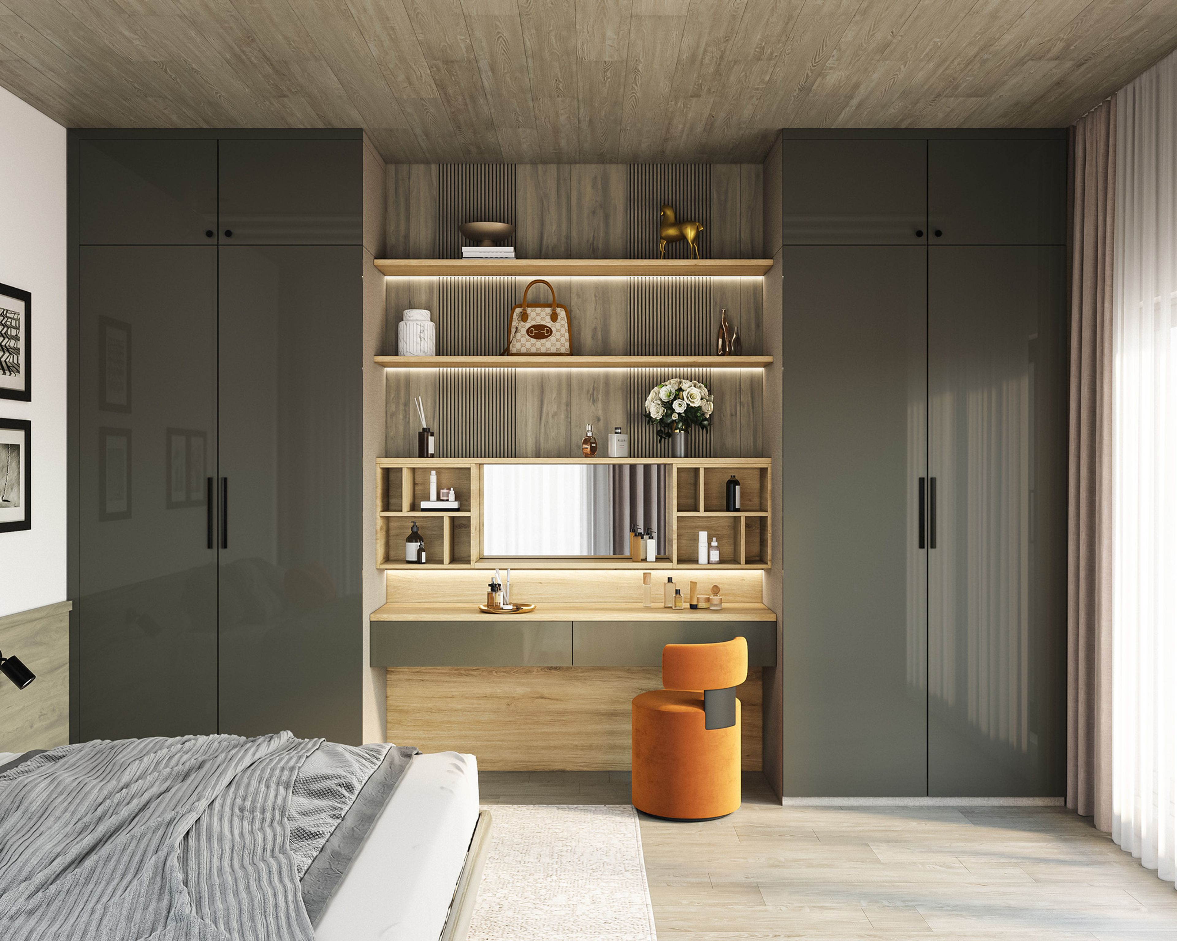 Swing Wardrobe Design Featuring Glossy Grey Shutters and Open Shelves