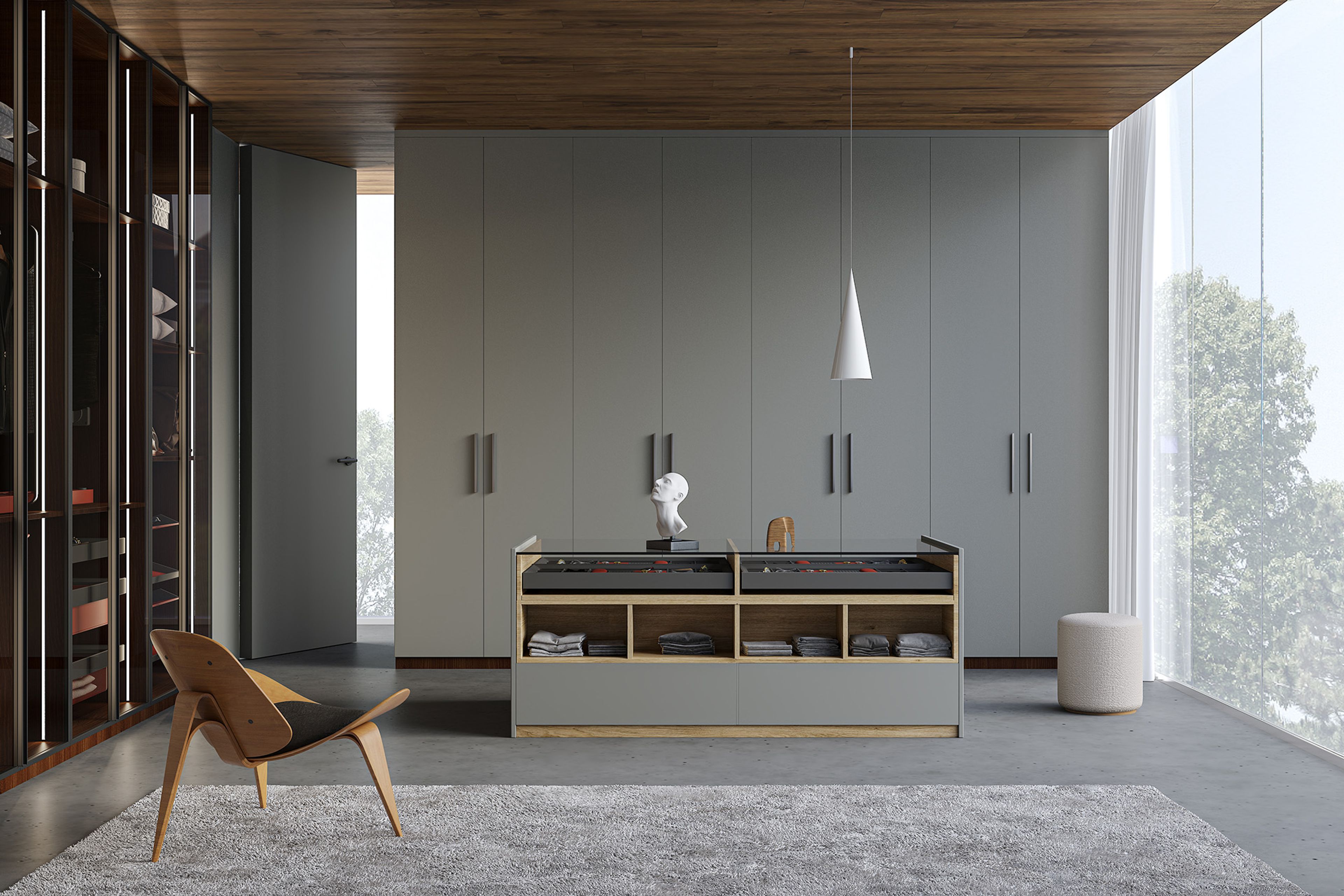 Modern 8-Door Swing Wardrobe Design with Grey Suede Finish