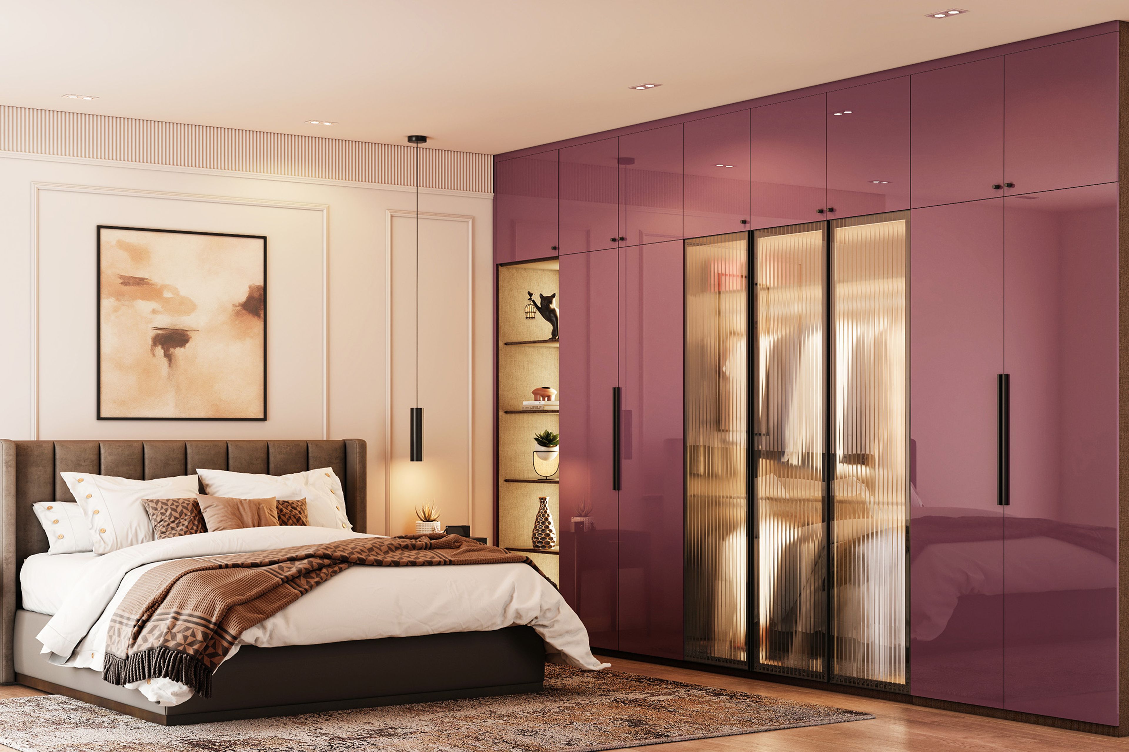 7-Door Modern Swing Wardrobe Design in Glossy Purple and Fluted Glass Shutters